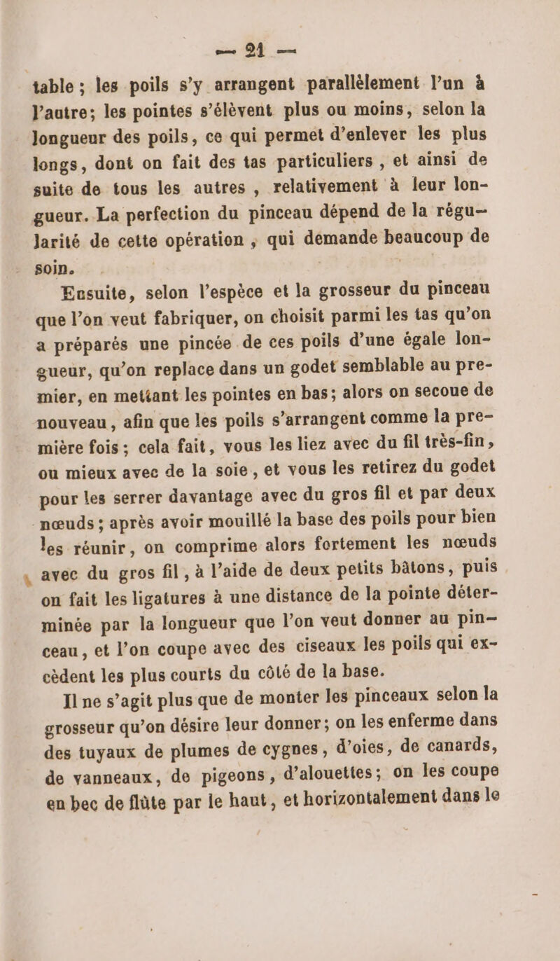 m— 91 — table ; les poils s’y arrangent parallèlement l’un à Vaatre; les pointes s’élèvent plus ou moins, selon la Jongueur des poils, ce qui permet d’enlever les plus longs, dont on fait des tas particuliers , et ainsi de suite de tous les autres , relativement à leur lon- gueur. La perfection du pinceau dépend de la régu- Jarité de cette opération ; qui demande beaucoup de soin. | Ensuite, selon l’espèce et la grosseur du pinceau que l’on veut fabriquer, on choisit parmi les tas qu’on a préparés une pincée de ces poils d’une égale lon- gueur, qu’on replace dans un godet semblable au pre- mier, en mettant les pointes en bas; alors on secoue de nouveau , afin que les poils s’arrangent comme la pre- mière fois: cela fait, vous les liez avec du fil très-fin , ou mieux avec de la soie, et vous les retirez du godet pour les serrer davantage avec du gros fil et par deux nœuds ; après avoir mouillé la base des poils pour bien les réunir, on comprime alors fortement les nœuds avec du gros fil, à l’aide de deux petits bâtons, puis on fait les ligatures à une distance de la pointe déter- minée par la longueur que l’on veut donner au pin- ceau , et l’on coupe avec des ciseaux les poils qui ex- cèdent les plus courts du côté de la base. Il ne s’agit plus que de monter les pinceaux selon la grosseur qu’on désire leur donner; on les enferme dans des tuyaux de plumes de cygnes, d’oies, de canards, de yanneaux, de pigeons, d’alouettes; on les coupe en bec de flüte par le haut, et horizontalement dans le