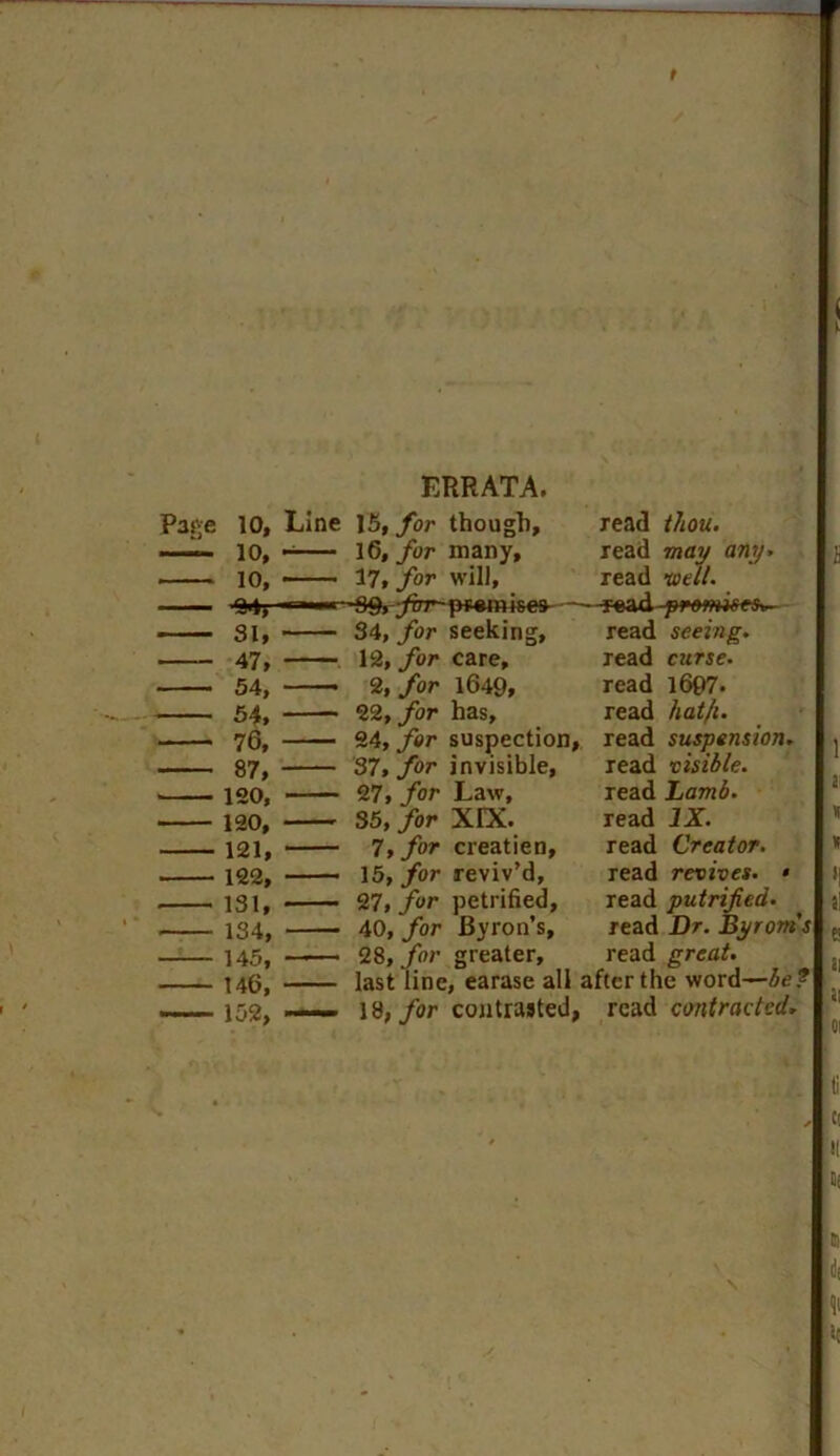 t Page ERRATA. 10, Line 15, for though. 10, 16, for many. -—10, —— 17, for will. - ■■■— si, 34, for seeking. 47, 12, for care. 54} . 2, for 1649, 54, 22, for has. 76, 24, for suspection, 87, 37, for invisible, 120, 27, for Law, 120, 35, for XDL 121, 7, for creatien, 122, 15, for reviv’d. 131, 27, for petrified. 134, 40, for Byron’s, 145, 28, for greater, 146, last line, earase all; 152, —— 18, for contrasted, read thou. read may any» read well. -Fead -promises*- read seeing. read curse. read 1607. read hat/i. read suspension. read visible. read Lamb. read IX. read Creator. read revives. • read putrified. read Dr. Byrom's read great. iter the word—bet read contracted.