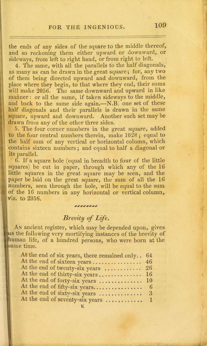 the ends of any sides of the square to the middle thereof, and so reckoning them either upward or downward, or sideways, from left to right hand, or from right to left. 4. The same, with all the parallels to the half diagonals, as many as can be drawn in the great square; for, any two of them being directed upward and downward, from the place where they begin, to that where they end, their sums will make 2056. The same downward and upward in like manner: or all the same, if taken sideways to the middle, and back to the same side again.—N.B. one set of these half diagonals and their parallels is drawn in the same square, upward and downward. Another such set may be drawn from any of the other three sides. 5. The four corner numbers in the great square, added to the four central numbers therein, make 1028; equal to the half sum of any vertical or horizontal column, which contains sixteen numbers; and equal to half a diagonal or its parallel. 6. If a square hole (equal in breadth to four of the little squares) be cut in paper, through which any of the 16 little squares in the great square may be seen, and the paper be laid on the great square, the sum of all the 16 numbers, seen through the hole, will be equal to the sum of the 16 numbers in any horizontal or vertical column, viz. to 2056. s Brevity of Life. An ancient register, which may be depended upon, gives J the following very mortifying instances of the brevity of umau life, of a hundred persons, who were born at the ;ame time. At the end of six years, there remaned only.. 64 At the end of sixteen years 46 At the end of twenty-six years 26 At the end of thirty-six years 16 At the end of forty-six years 10 At the end of fifty-six years 6 At the eud of sixty-six years 3 At the end of seventy-six years 1 K