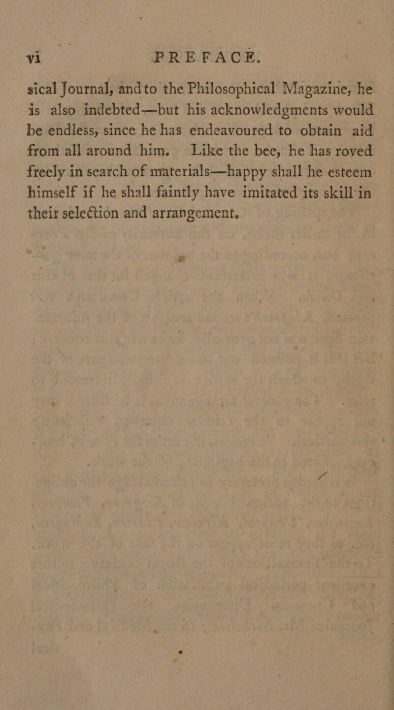 sical Journal, and to the Philosophical Magazine, he is also indebted—but his acknowledgments would be endless, since he has endeavoured to obtain aid from all around him. Like the bee, he has roved freely in search of materials—happy shall he esteem himself if he shall faintly have imitated its skill'in their seleétion and arrangement.