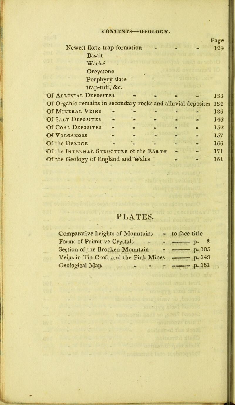 Page Newest flcetz trap formation - - - 129 Basalt Wacke Greystone Porphyry slate trap-tufF, &c. Of Alluvial Deposites - - - . Of Organic remains in secondary rocks and alluvial deposites Of Mineral Veins - - - • - Of Salt Deposites - - - - - Of Coal Deposites - Of Volcanoes - - - - - Of the Deluge - » Of the Internal Structure of the Earth Of the Geology of England and Wales 133 134 136 146 152 157 166 171 181 PLATES. Comparative heights of Mountains Forms of Primitive Crystals Section of the Brocken Mountain Veins in Tin Croft and the Pink Mines Geological Map - . - - to face title p. 8 p. 105 p. 143 p.181