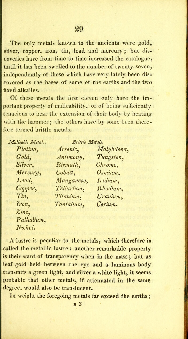 The only metals known to the ancients were gold^ silver, copper, iron, tin, lead and mercury; but dis- coveries have from time to time increased the catalogue, tintil it has been swelled to the number of twenty-seven, independently of those which have very lately been dis- covered as the bases of some of the earths and the two fixed alkalies. Of these metals the first eleven only have the im- portant property of malleability, or of being sufficiently tenacious to bear the extension of their body by beating with the hammer; the others have by some been there- fore termed brittle metals. Malleable Metali, Brittle Metals* Plaiina^ Arsenic, Molybdena, Gold^ Aniimony, Tungsten, Silver^ Bismuth, Chrome, Mercur^y Cobalt, Osmium, Lead^ Manganese, Iridium, Copper^ Tellurium, Rhodium, Tin, Titanium, Uranium, Iron, Tantalium, Cerium, Zinc, Palladium, Nickel, A lustre is peculiar to the metals, which therefore is called the metallic lustre : another remarkable property is their want of transparency when in the mass ; but as leaf gold held between the eye and a luminous body transmits a green light, and silver a white light, it seems probable that other metals, if attenuated in the same degree, would also be translucent. In weight the foregoing metals far exceed the earths;