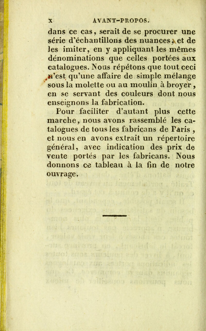 dans ce cas, serait de se procurer une série d’échantillons des nuances^et de Jes imiter, en y appliquant les mêmes dénominations que celles portées aux catalogues. Nous répétons que tout ceci ,M’est qu’une affaire de simple mélange sous la molette ou au moulin à broyer , en se servant des couleurs dont nous enseignons la fabrication. Pour faciliter d’autant plus cette marche, nous avons rassemblé les ca- talogues de tous les fabricans de Paris , et nous en avons extrait un répertoire général, avec indication des prix de vente portés par les fabricans. Nous donnons ce tableau à la fin de notre ouvrage.