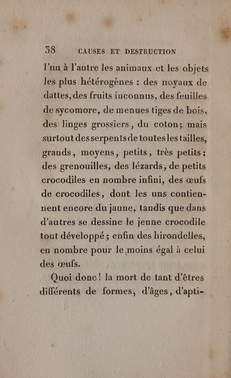 l’un à l’autre les animaux et les objets les plus hétérogènes : des noyaux de dattes, des fruits inconnus, des feuilles de sycomore, de menues tiges de bois, des linges grossiers, du coton; mais surtout desserpentsde touteslestailles, grands, moyens, petits, très peits ; des grenouilles, des lézards, de petits crocodiles en nombre infini, des œufs de crocodiles, dont les uns contien- nent encore du jaune, tandis que dans d’autres se dessine le jeune crocodile tout développé ; enfin des hirondelles, en nombre pour le moins égal à celui des œufs. Quoi donc! la mort de tant d’êtres différents de formes, d’âges, d’apti-