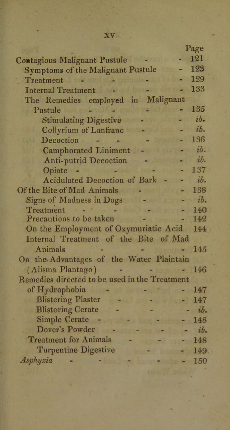 Page Contagious Malignant Pustule - - 121 Symptoms of the Malignant Pustule - 123 Treatment - 129 Internal Treatment - 133 The Remedies employed in Malignant Pustule - - - -135 Stimulating Digestive - - ib- Collyrium ofLanfranc - - ib. Decoction - - 136 Camphorated Liniment - - ib. Anti-putrid Decoction - - ib. Opiate - - - - 137 Acidulated Decoction of Bark - - ib. Of the Bite of Mad Animals - - 138 Signs of Madness in Dogs - - ib. Treatment - * - - - 140 Precautions to be taken - - 142 On the Employment of Oxymuriatic Acid 144 Internal Treatment of the Bite of Mad Animals - 145 On the-Advantages of the Water Plaintain (Alisma Plantago) ... 146 Remedies directed to be used in the Treatment of Hydrophobia ... 147 Blistering Plaster ... 14,7 Blistering Cerate - - - ib. Simple Cerate .... 14.3 Dover’s Powder .... ib. Treatment for Animals - - 148 Turpentine Digestive - - 149 Asphyxia - - - - - 150