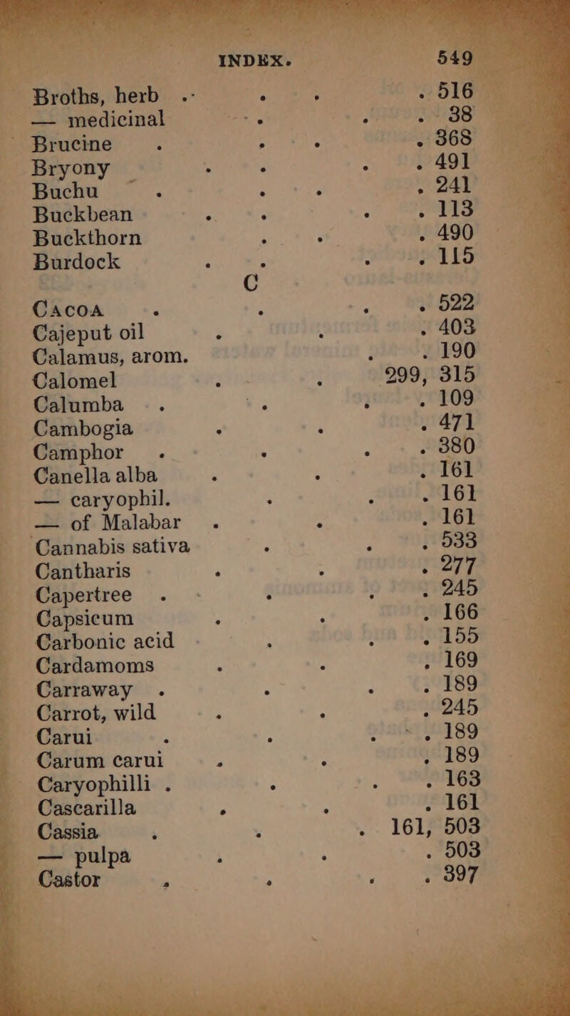 eal dg 4 INDEX. te ell se Broths, herb .- — medicinal . : Brucine ; : . _ Bryony | ‘. ° ‘ . ~ Buchu . ee : _ Buckbean L 47 : . : ~ Buckthorn bet oS ee . 490 Burdock ‘ L . . 115 ù C | | _ Cacoa F . . . 522 _ Cajeput oil : . . 403 _ Calamus, arom. al ot, à Calomel ne ; 299, 315 Calumba .. is : . 109 _ Cambogia ; , . 471 _ Camphor . : . + BBD _ Canella alba . 4 . 161 _ — caryophil. ; ; . 161 _ — of Malabar . : . 161 _ Cannabis sativa : 3 33s _ Cantharis : : PET *Capertree . - 3 . . 245 ar _ Capsicum . : 166 hs — Carbonic acid : : : CUS ae Cardamoms ; à . 169 Carraway . a ; 30389 — Carrot, wild : : . 245 ~ Carui À A pity 489 _ Carum carui 5 OF: . 189 _ Caryophilli . : ei: . 163 _ Cascarilla ° : . 161 Cassia. à ‘ . 161, 503 _ — pulpa , : . 503 Te en ‘ . 397 or. oe .e