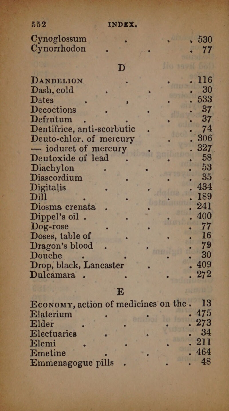 552 pa NEA 5 | Cynoglossum a Cynorrhodon . « lp PONS D DANDELION : : :, Leo, ae Dash, cold : . + HOUR Dates s De : * oo. ae Decoctions 5 Ae yf Defrutum . . . ae Dentifrice, nti-senibutie : . 74 j Deuto-chlor. of mercury : . 306 4 — ioduret of mercury ‘ Ale 4 __ Deutoxide of lead . : . oe ae _ ~ Diachylon : : a 0 à Diascordium . : > “UD a Digitalis 4 : . 434 “a Dill : : ; . 189° 4 Be: Diosma crenata . : . 241 4 a Dippel’s oil . : . . 400 _ Dog-rose ; ‘ PR _ Doses, table of 4 : ‘ 16 € __ Dragon’s blood . : - i oe Douche À : + 450) à Drop, black, Lancaster : + 400 _ Dulcamara . . . oh 0 ‘A | E _ Economy, action of medicinesonthe. 13 Elaterium ‘ 4 > 475 Mo Elder ; : : - ata) oe __ Electuaries . : * «SE 0 __ Elemi ë ; : eid 0 _ Emetine ” . 464 __ Emmenagogue pills ‘ ae MS + 140 LIT