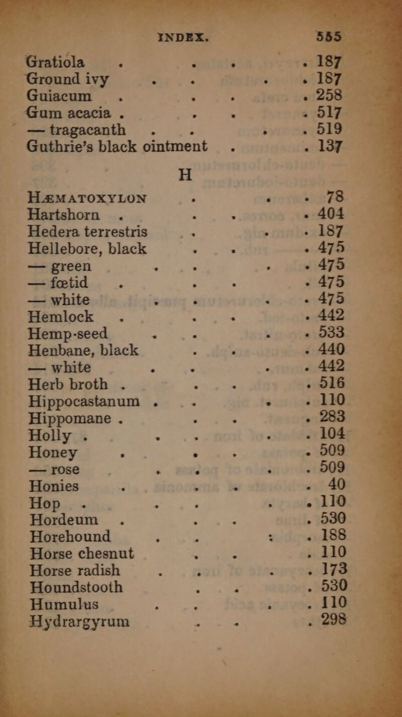 Ground ivy = Guiacum . Gum acacia . — tragacanth . Guthrie’s black ointment H HÆMATOXYLON Hartshorn Hedera terrestris Hellebore, black — green — fetid — white Hemlock Hemp-seed Henbane, black — white Herb broth . Hippocastanum . Hippomane . Holly . “ 2 Honey ° . — rose à J Honies : 5 Hop . Hordeum Horehound Horse chesnut Horse radish Houndstooth Humulus Hydrargyrum L3 . . LA ° D dela sea ee —