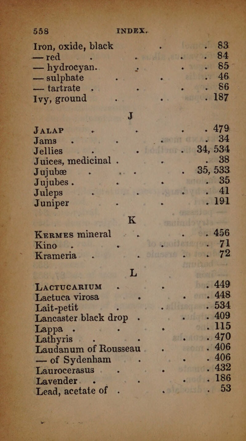 Iron, oxide, black —red — hydrocyan. — sulphate — tartrate Ivy, ground JALAP Jams Jellies Juices, medicinal . Jujubæ Jujubes . Juleps Juniper KermeEs mineral Kino Krameria LACTUCARIUM . Lait-petit Lancaster black drop Lappa . Bathyris Laudanum of Rousseau — of Sydenham Laurocerasus Lavender. . | Lead, acetate of