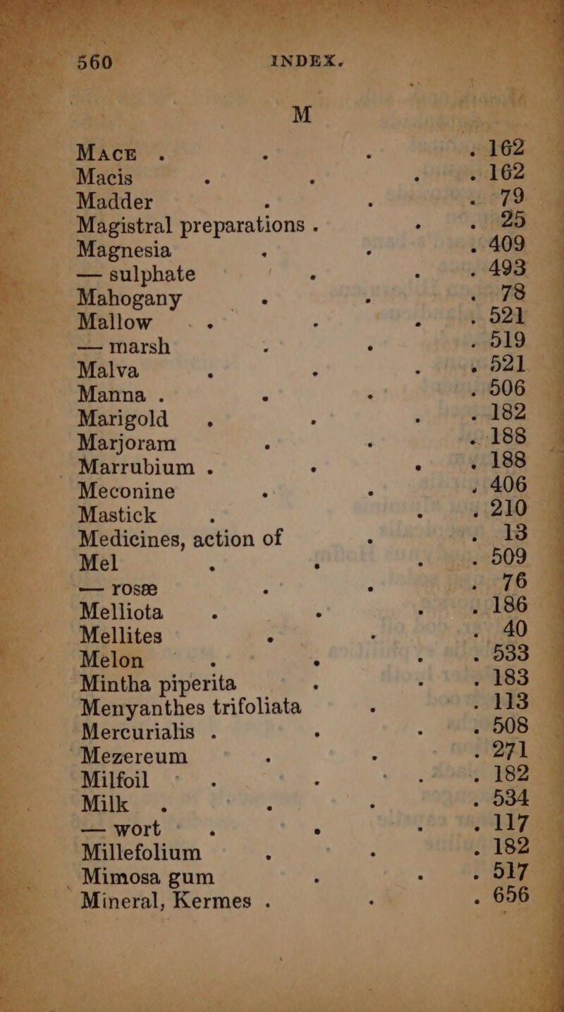 Mace Macis Madder : Magistral preparations . Magnesia — sulphate Mahogany ‘ Mallow — marsh Malva Manna . . Marigold . Marjoram Marrubium . Meconine Mastick 4 Medicines, action of Mel 4 g — rose : Melliota Mellites . Melon 3 ; Mintha piperita : Menyanthes trifoliata Mercurialis . ‘ Mezereum Milfoil Milk : — wort ‘ . Millefolium . Mimosa gum Mineral, Kermes . « A. —-- ne