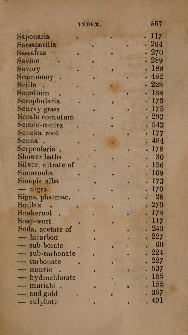 RTS Saponaria Sarsaparilla Sassafras ~ Savine Savory Scammony . Scordium Scrophularia Scurvy grass Secale cornutum Semen-contra Seneka root Senna . Serpentaria . Shower baths Silver, nitrate of Simarouba age “ss Smilax . Snakeroot . Soap-wort : Soda, acetate of — bicarbon — sub-borate — sub-carbonate — carbonate — caustic . — hydrochlorate — muriate . — and gold — sulphate > © o . e e e e ° ° ° 2 ° e e