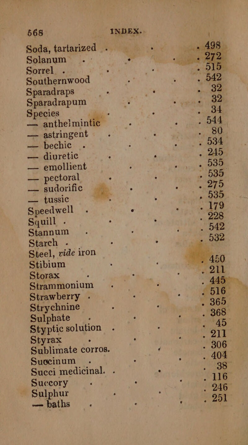 Soda, tartarized . Solanum Sorrel . Southernwood Sparadraps Sparadrapum Species dl - — anthei mintic — astringent — bechic — emollient — pectoral — tussic Speedwell Squill . Stannum Starch . Steel, vide iron Stibium Storax Strammonium Strawberry . Strychnine Sulphate Sty ptic solution Styrax Sublimate corros. Succinum Succory Sulphur — baths