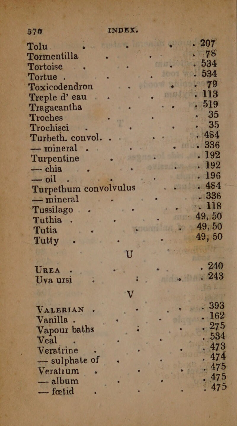 Tolu 4 : Tormentilla Tortoise ‘ Tortue . Toxicodendron Treple d’ eau Tragacantha Troches Trochisci Turbeth. convol. . — mineral . Turpentine . — chia — oil —— mineral ‘Tussilago . Tuthia . Tutty . UREA Uva ursi VALERIAN . Vanilla . : Vapour baths re Veal Veratrine — sulphate of . Veratrum . — album — fetid