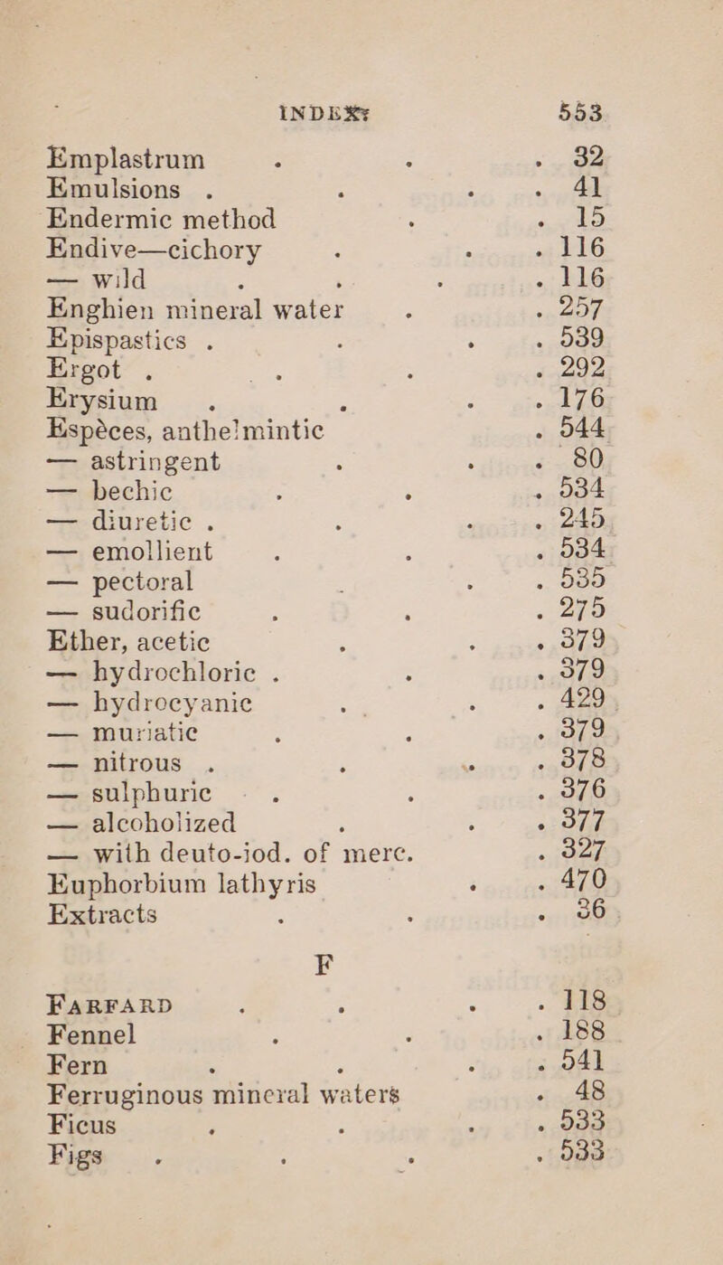 Emplastrum Emulsions Endermic method Endive—cichory — wild Enghien mineral water Epispastics . . Ergot . Erysium ; Espéces, anthe!mintic — astringent — bechic — diuretic . — emollient — pectoral — sudorific Ether, acetic — hydrochloric . — hydrocyanie — muriatic — nitrous — sulphuric — alcoholized Euphorbium hae Extracts F FARFARD Fennel Fern Ferruginous mitieral waters Ficus Figs