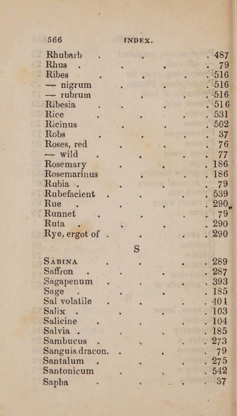 Rhubarb Rhus Ribes — nigrum — rubrum Ribesia Rice Ricinus Robs Roses, red — wild Rosemary Rosemarinus Rabia -. Rubefacient Rue ~ Runnet Ruta SABINA Saffron Sagapenum Sage . Sal volatile Salix Salicine Salvia .. Sambucus Santalum Santonicum Sapha
