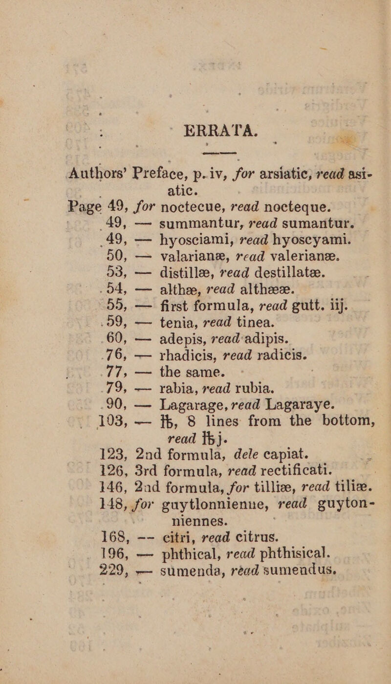 ERRATA. atic. 49, 50, 53, 5d, 55, 59, 60, 76, 7%, 79, 90, 103, Ths, 126, 146, — summantur, read sumantur. hyosciami, read hyoscyami. valariane, »ead valeriane. distillee, read destillate. althee, read altheeee. first formula, read gutt. iij. tenia, read tinea. adepis, read adipis. rhadicis, read radicis. the same. : rabia, read rubia. Lagarage, read Lagaraye. — fb, 8 lines from the bottom, read th}. 2nd email. dele capiat. 3rd formula, read rectificati. 2ad formula, for tilliee, read tilie. bit frei 168, 196, niennes. -- citri, read citrus. — phthical, read phthisical.
