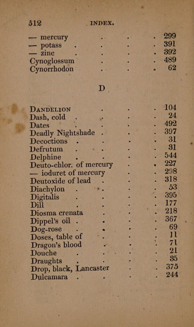 — mercury — potass — zinc Cynoglossum Cynorrhodon - DanvDELIoNn ~ Dash, cold Dates % Deadly Nightshade : Decoctions . Defrutum Delphine. Deuto-chlor: of mercury — ioduret of mercury Deutoxide of lead Diachylon . e. Digitalis Dill Diosma crenata Dippel’s oil . . Dog-rose_. . Doses, table of Dragon’s blood Douche Draughts . Drop, black, Lancaster Dulcamara