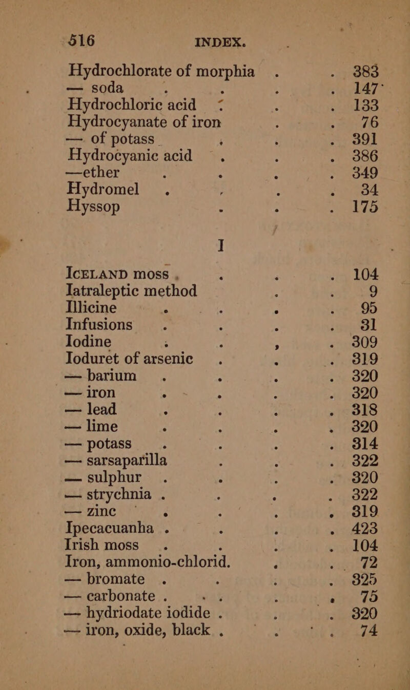 — soda ; Hydrochloric ‘acid Hydrocyanate of iron — of potass. ‘ Hydrocyanic acid —ether : Hydromel . Hyssop IcELAND moss , Iatraleptic method Tilicine Infusions Iodine 5 Joduret of arsenic — barium — iron A — lead — lime — potass — sarsaparilla — sulphur — strychnia . — zinc é Ipecacuanha . Irish moss — bromate — carbonate . 5 — hydriodate iodide . — iron, oxide, black .