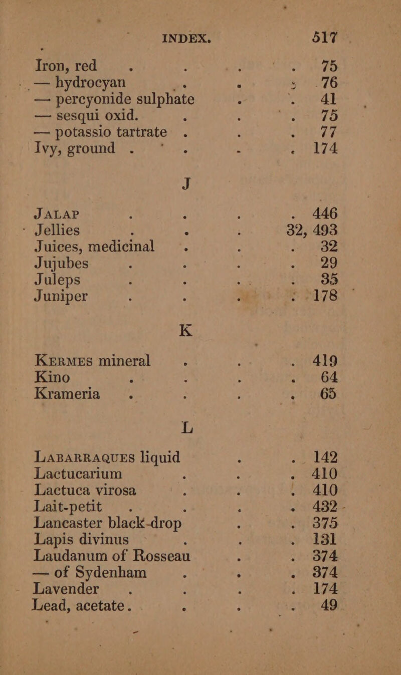 INDEX. Tron, red ; . — hydrocyan — percyonide sulphate — sesqui oxid. : — potassio tartrate Ivy, ground . J ALAP : : - Jellies é 3 Juices, medicinal Jujubes Juleps Juniper KERMES mineral Kino Krameria L LaABARRAQUES liquid Lactucarium ; Lactuca virosa Lait-petit Lancaster black drop. Lapis divinus : Laudanum of Rosseau — of Sydenham Lavender Lead, acetate.