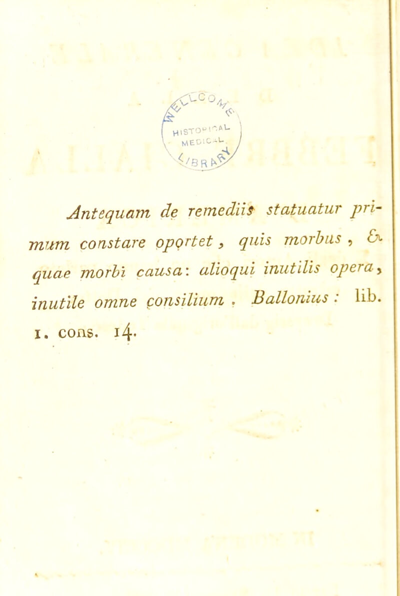 Antequam de remedìì^ sfatuatur prì- TìiutTL constare oportet, quis morbus , qiiae morbi causa', alìoquì ìnutìlìs opera ^ inutile omne Qonsìlìum . Balloiiius : lib. I. cons. i4-