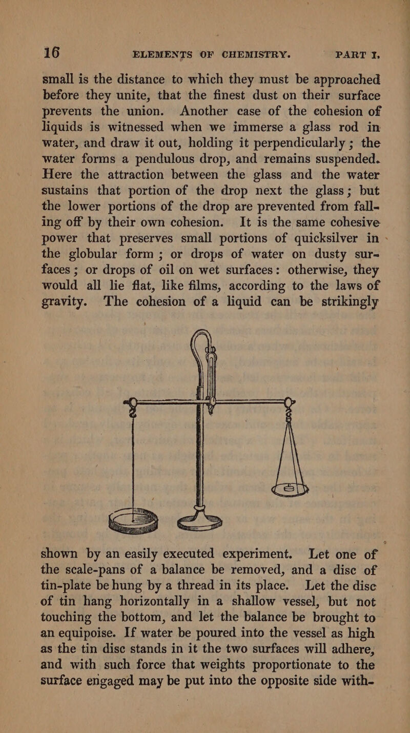 small is the distance to which they must be approached before they unite, that the finest dust on their surface prevents the union. Another case of the cohesion of liquids is witnessed when we immerse a glass rod in water, and draw it out, holding it perpendicularly ; the water forms a pendulous drop, and remains suspended. Here the attraction between the glass and the water sustains that portion of the drop next the glass; but the lower portions of the drop are prevented from fall- ing off by their own cohesion. It is the same cohesive power that preserves small portions of quicksilver in - the globular form ; or drops of water on dusty sur- faces ; or drops of oil on wet surfaces: otherwise, they would all lie flat, like films, according to the laws of gravity. The cohesion of a liquid can be strikingly shown by an easily executed experiment. Let one of the scale-pans of a balance be removed, and a disc of tin-plate be hung by a thread in its place. Let the disc of tin hang horizontally in a shallow vessel, but not touching the bottom, and let the balance be brought to an equipoise. If water be poured into the vessel as high as the tin disc stands in it the two surfaces will adhere, and with such force that weights proportionate to the surface engaged may be put into the opposite side with-