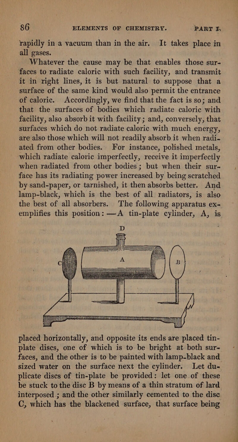 rapidly in a vacuum than in the air. It takes place in all gases. Whatever the cause may be that enables those sur- faces to radiate caloric with such facility, and transmit it in right lines, it is but natural to suppose that a surface of the same kind would also permit the entrance of caloric. Accordingly, we find that the fact is so; and that the surfaces of bodies which radiate caloric with facility, also absorb it with facility ; and, conversely, that surfaces which do not radiate caloric with much energy, are also those which will not readily absorb it when radi- ated from other bodies. For instance, polished metals, which radiate caloric imperfectly, receive it imperfectly when radiated from other bodies ; but when their sur- face has its radiating power increased by being scratched by sand-paper, or tarnished, it then absorbs better. And lamp-black, which is the best of all radiators, is also the best of all absorbers. The following apparatus ex- emplifies this position: —A tin-plate cylinder, A, is placed horizontally, and opposite its ends are placed tin- plate discs, one of which is to be bright at both sur- faces, and the other is to be painted with lamp-black and sized water on the surface next the cylinder. Let du- plicate discs of tin-plate be provided: let one of these be stuck to the disc B by means of a thin stratum of lard interposed ; and the other similarly cemented to the disc C, which has the blackened surface, that surface being