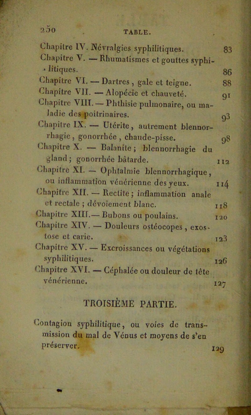 200 Chapitre IV. JMévralgies syphilitiques. 83 Chapitre V. —Rhumatismes et gouttes svphi- • litiques. ' 86 (Chapitre VI. — Dartres , gale et teigne. 88 Chapitre VII. — Alopécie et chauveté. gi Chapitre VIII. — Phthisie pulmonaire, ou ma- ladie dcsipoitrinaires. gj Chapitre IX. — Utdrite, autrement blennor- rhagic, gonorrhée , chaude-pisse. g8 Chapitre X. — Balanite ; blennorrhagie du gland J gonorrhée bâtarde. jia Chapitre XI. — 0[>hfalmie bicnnorrhagique, ou inflammation vénérienne des yeux. Chapitre XII. — Rectile ; inflammation anale et rectale ; dévoiement blanc. n8 Chapitre XIII.— Bubons ou poulains. lao Chapitre XIV. — Douleurs ostéocopes, exos- tose et carie. 138 Chapitre XV. — Excroissances ou végétations .syphilitiques. lafi Chapitre XVI. — Céphalée ou douleur de tète vénérienne. j3j TROISIÈME PARTIE. lag Contagion syphilitique, ou voies de trans- mission du mal de Vénus et moyens de s’en préserver.