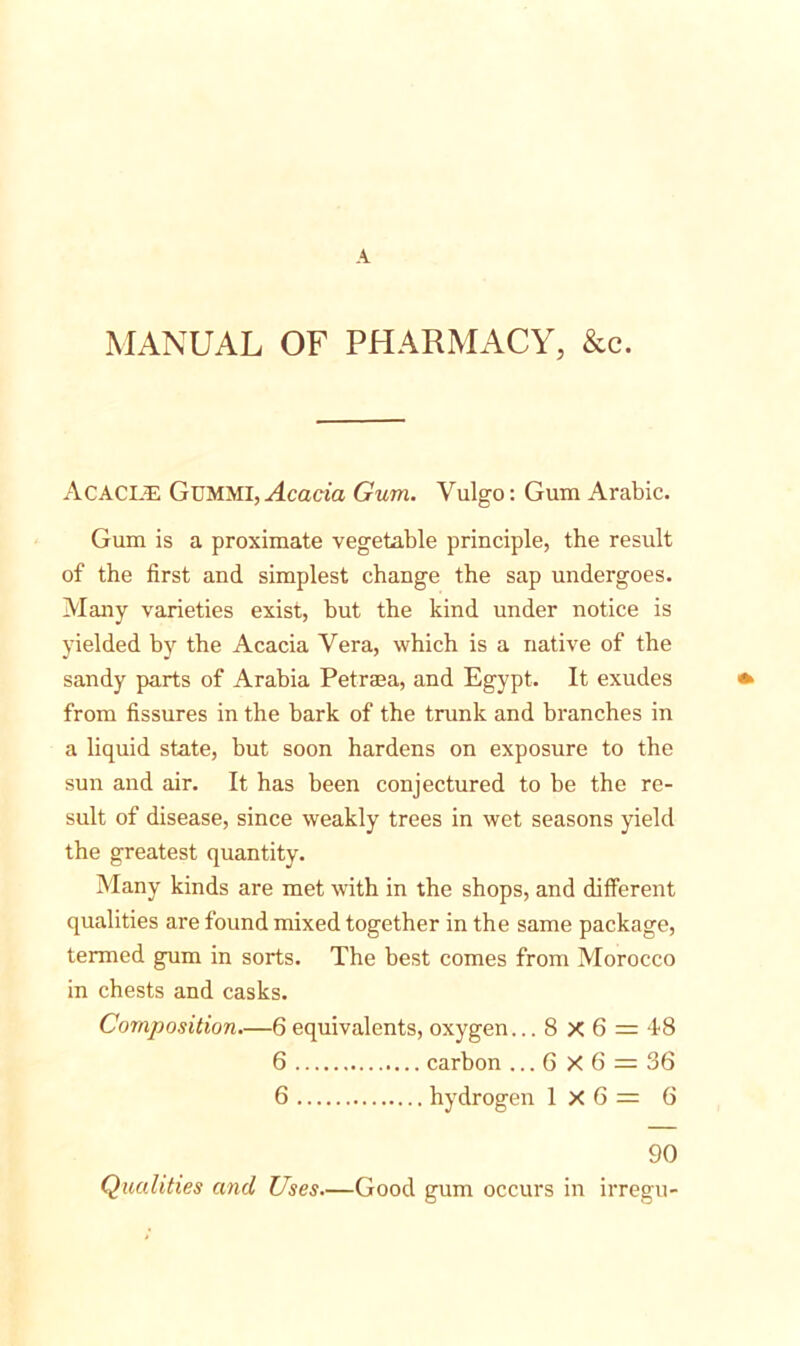 A MANUAL OF PHARMACY, &c. AcACLtE Gummi, Acacia Gum. Vulgo: Gum Arabic. Gum is a proximate vegetable principle, the result of the first and simplest change the sap undergoes. Many varieties exist, but the kind under notice is yielded by the Acacia Vera, which is a native of the sandy parts of Arabia Petraea, and Egypt. It exudes from fissures in the bark of the trunk and branches in a liquid state, but soon hardens on exposure to the sun and air. It has been conjectured to be the re- sult of disease, since weakly trees in wet seasons yield the greatest quantity. Many kinds are met with in the shops, and different qualities are found mixed together in the same package, termed gum in sorts. The best comes from Morocco in chests and casks. Composition.—6 equivalents, oxygen... 8 X 6 = 48 6 carbon ... 6 x 6 = 36 6 hydrogen 1x6= 6 90 Qualities and Uses.—Good gum occurs in irregu-