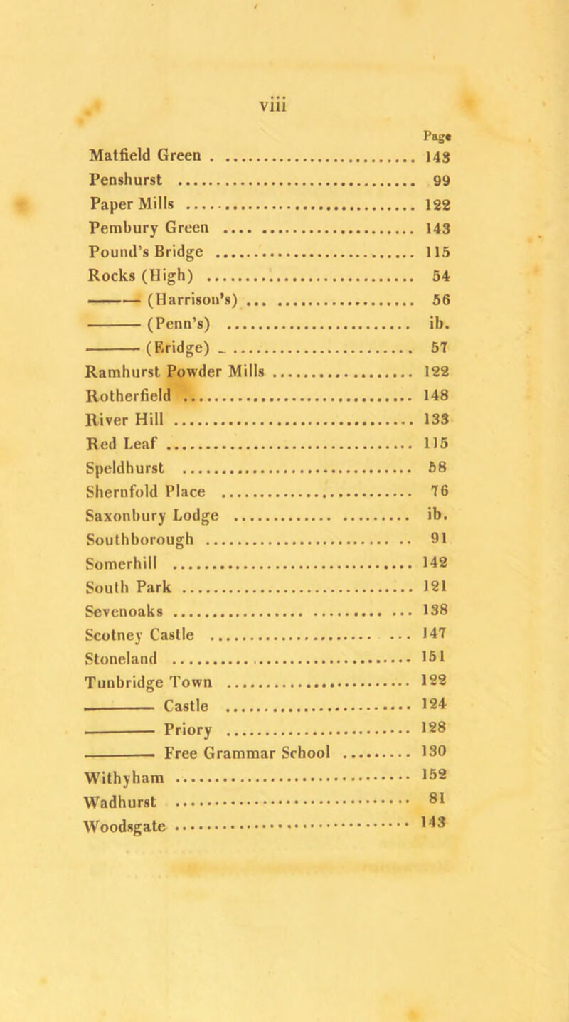 Pagt Matfield Green 143 Penshurst 99 Paper Mills 122 Pembury Green 143 Pound’s Bridge 115 Rocks (High) 54 (Harrison’s) 66 (Penn’s) ib. (Bridge)^ 5T Ramburst Powder Mills 122 Rotherfield 148 River Hill 133 Red Leaf 115 Speldhurst 58 Shernfold Place '16 Saxonbury Lodge ib. Southborough .. 91 Somerhill 142 South Park 121 Sevenoaks 138 Scotney Castle 147 Stoneland 151 Tunbridge Town 122 — Castle 124 Priory 128 Free Grammar School 130 Withyham *52 Wadhurst Woodsgate