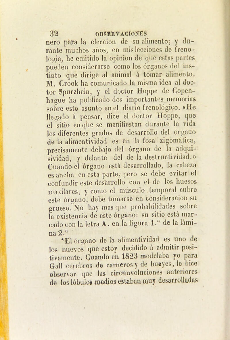 ñero para la elección de su alimento-, y du- rante muchos años, en mis lecciones de freno- logia, he emitido la opinión de que estas partes pueden considerarse como los órganos del ins- tinto que dirige al animal á lomar alimento. M. Crook ha comunicado la misma idea al doc- tor Spurzhein, y el doctor Hoppe de Copen- hague ha publicado dos importantes memorias sobre este asunto en el diario frenológico. «lie llegado á pensar, dice el doctor Hoppe, que el sitio en que se manifiestan durante la viila los diferentes grados de desarrollo del órgano de la alimentividad es en la fosa zigomática, precisamente debajo del órgano de la adqui- sividad, y delante del de la destructividad.» Cuando el órgano está desarrollado, la cabeza es ancha en esta parte; pero se debe evitar el confundir este desarrollo con el de los huesos maxilaresi y como el músculo temporal cubre este órgano, debe tomarse en consideración su grueso. No hay masque probabilidades sobre la existencia de este órgano: su sitio está mar- cado con la letra A. en la figura l.'' de la lámi- na ^.'^ . ., , *El órgano de lü alimentividad es uno de los nuevos que estoy decidido á admitir posi- tivamente. Cuando en 1823 modelaba yo para Gall cerebros de carneros y de bueyes, lo hice observar que las circunvoluciones anteriores de los lóbulo» medios estaban muy dcsaiTolladas