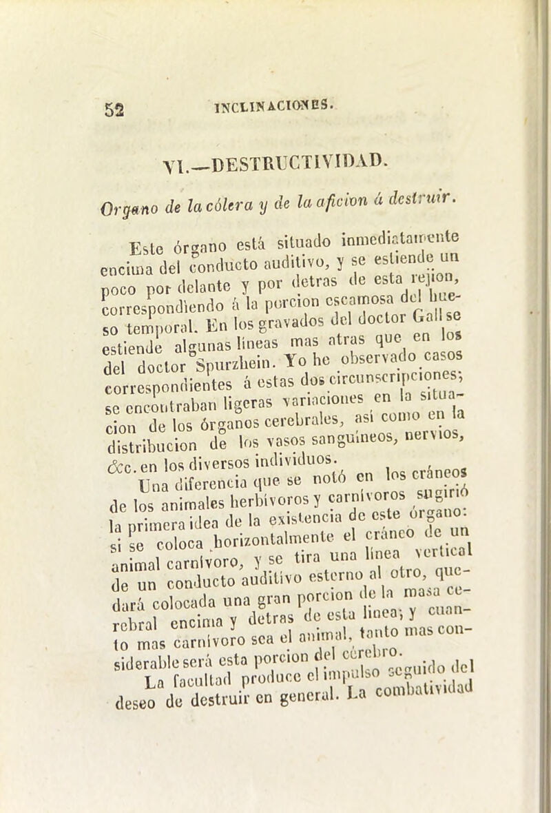 Yl.—DESTRUCTIVIDAD. Or^mo de la cóUra y de la aficivn á destruir. Este órgano está situado ¡nmcdiata.rtMite encima del conducto auditivo, y se esliendo ua poco por delante y por detras de esta rejK.n Lrrespondiendo á la porción ,«7^^^^^^^ ^'^^^«¡ so temporal. En los gravados del doctor Gal se estiendl algunas líneas mas atrás que en los de doctor Spurzliein. Yo he observado casos üei aoí^iui ^1 . j ¡rcup^cripciones-, corresponoientes a estas uos , se encentraban ligeras ^-/'^^f'^^^^/ ^^'^^^ cion de los órganos cerebrales, a.i como en ta disUibucion de los vasos sanguíneos, nerv.os, decenios diversos individuos , Una diferencia cp.e se noto en los cr neos de los animales herbívoros y ^ros sug^^^^ U nrimeraidea de la existencia de este órgano. ll Zocl horizontalmente el cráneo de un Tn mal carnívoro, y se tira una I nea vert.co^^ de un conducto auditivo ^^torno l otro que dará colocada una gran porción de 1^ robril encima y detras de esta Imea-, y cuan mis carloío sea el animal, tanto mas con- siderableserá esta porción del ccn^l»o^ T fl facultad produce el impulbO .cguioo .ci deseo di Smí c„ general. U ooml,aUv,daa