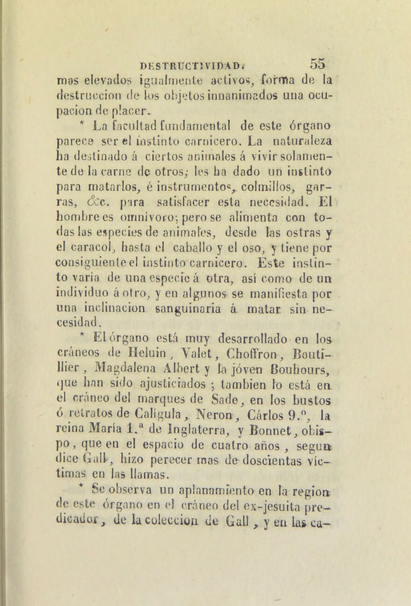 mas elevados igiiaiiíieiíle activos, forma de la destrucción de los oíijotos innanimados una ocu- pación de placer. * La f.'icullad fundamental de este órgano parees ser el instinto carnicero. La naturaleza ha destinado á ciertos animales á vivir solamen- te de la carne de otros; les ba dado un instinto para motarlos, é instruinento*,^ colinillos, gar- ras, ócc. para satisfacer esla necesidad. El hombrees omnívoro, pero se alimenta con to- das las especies de animales, desde las ostras y el caracol, hasta el caballo y el oso, y tiene por consiguiente el instinto carnicero. Este inslin- to varia de una especie á otra, así como de un individuo áotro, y en algunos se manifiesta por una inclinación sanguinaria á matar sin ne- cesidad. * El órgano está muy desarrollado en los cráneos de Heluin , Valet, Choffrou, Bouli- llier , Magdalena Albert y la jóven Boubours, i]ue han sido ajusticiados •, también lo está ea el cráneo del marques de Sade, en los bustos ó retratos de Cabgula, Nerón , Carlos 9., la reina María 1. de Inglaterra, y Bonnet, obis- po , que en el espacio de cuatro años , segua dice (uúl, hizo perecer mas de doscientas víc- timas en I;i5 llamas. Se observa un aplanamiento en la región de este órgano en el cráneo del ex-jesuita pre- dicador, de la colección de Gail , y ea las ca-
