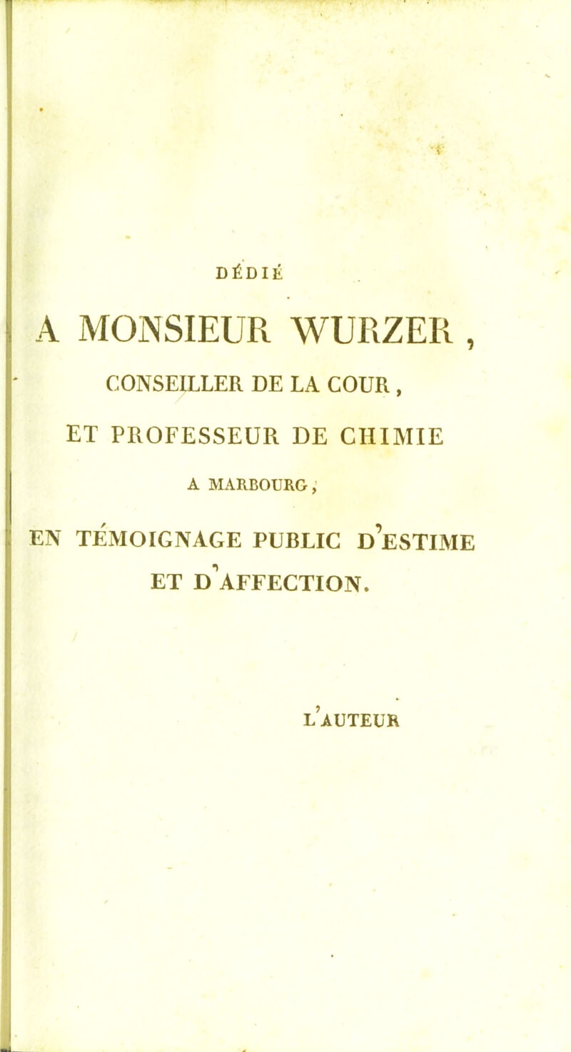 DÉDIÉ A MONSIEUR WURZER , CONSEILLER DE LA COUR , ET PROFESSEUR DE CHIMIE A MARBOURG, EN TÉMOIGNAGE PUBLIC D ESTIME ET d'affection. LAUTEUR