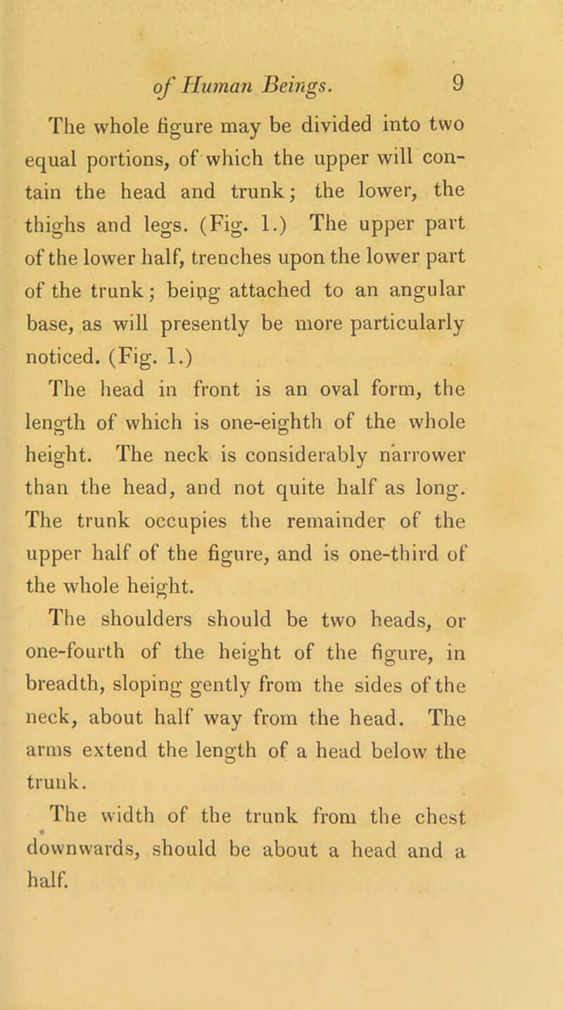 The whole figure may be divided into two equal portions, of which the upper will con- tain the head and trunk; the lower, the thighs and legs. (Fig. 1.) The upper part of the lower half, trenches upon the lower part of the trunk; being attached to an angular base, as will presently be more particularly noticed. (Fig. 1.) The head in front is an oval form, the length of which is one-eighth of the whole height. The neck is considerably narrower than the head, and not quite half as long. The trunk occupies the remainder of the upper half of the figure, and is one-third of the whole height. The shoulders should be two heads, or one-fourth of the height of the figure, in breadth, sloping gently from the sides of the neck, about half way from the head. The arms extend the length of a head below the trunk. The width of the trunk from the chest downwards, should be about a head and a half.