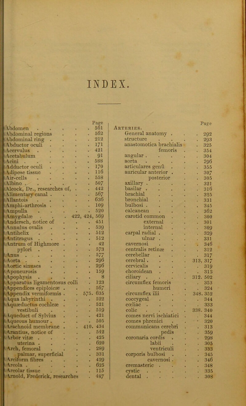 INDEX. I' : Vbdomen P.ipe . 561 Arteries. Page Abdominal regions . 562 General anatomy . • 292 ■ . Abdominal ring . . 212 structure . 293 . Abductor oculi . i;i anastomotica brachialis . 325 ^ kcervulus . 421 femoris . 354 i Acetabulum . 91 angular . . 304 i Acini .... . 588 aorta . 296 Adductor oculi . 170 articulares genfl . 355 k-Adipose tissue . Il6 auricular anterior . . 307 Air-cells . 568 posterior . 305 ' Albino .... . 507 axillary . . 321 \ Alcock, Dr., researches of, . . 442 basilar . . 316 i k Alimentary canal . . 567 brachial . 325 i '.Allantois . 636 bronchial . 331 ■ Amphi-arthrosis . . 109 bulbosi . . 345 i' Ampulla . 520 calcanean . 362 ' Amygdalm 422, 424, 569 carotid common . 300 Andersch, notice of . 451 external . .301 ■ Annulus ovalis . 539 internal ■ 309 1 k Antihelix . 512 carpal radial . . 329 ; k-Antitragus . . 512 ulnar . . 331 ' Antrum of Highmore . . 42 cavernosi . 346 pylori . . 573 centralis retinae . 312 ‘ k .Anus .... • 577 cerebellar . 317 k .Aorta .... . 296 cerebral. 313, 317 k Aortic sinuses . 296 cervicalis . 319 '.Aponeurosis . 159 choroidean . 313 k Apophysis . 8 ciliary . 312. 502 k Apparatus ligamentosus coUi . 123 circumflex femoris . 353 Ik Appendices epiploic* . . 567 humeri . 324 U Appendix Tenmformis . 575. 635 circumflex ilii 348.352 V. Aqua labyrinthi . . 522 coccygeal . 344 jlkAquEeductus cochleae . . 521 codiac . . 333 1 vestibuli . 519 colic 338. 340 K Aqueduct of Sylvius . 421 comes nervi ischiatici . 344 K Aqueous humour . . 505 comes phrenici • 320 n Arachnoid membrane . 410. 434 communicans cerebri . 313 jf.Arantius, notice of . 542 pedis ■ 359 W Arbor vitae . . 425 coronaria cordis . 298 I uterina . . 620 labii . 305 ' Arch, femoral . 289 ventriculi . 333 palmar, superficial . 331 corporis bulbosi . 345 ‘ Arciiorm fibres . 429 cavernosi. . 346 1 Areola .... . 625 cremasteric . . 348 1 Areolar tissue . 115 cystic . .335 1 Arnold, Frederick, researches . 487 dental . . 308