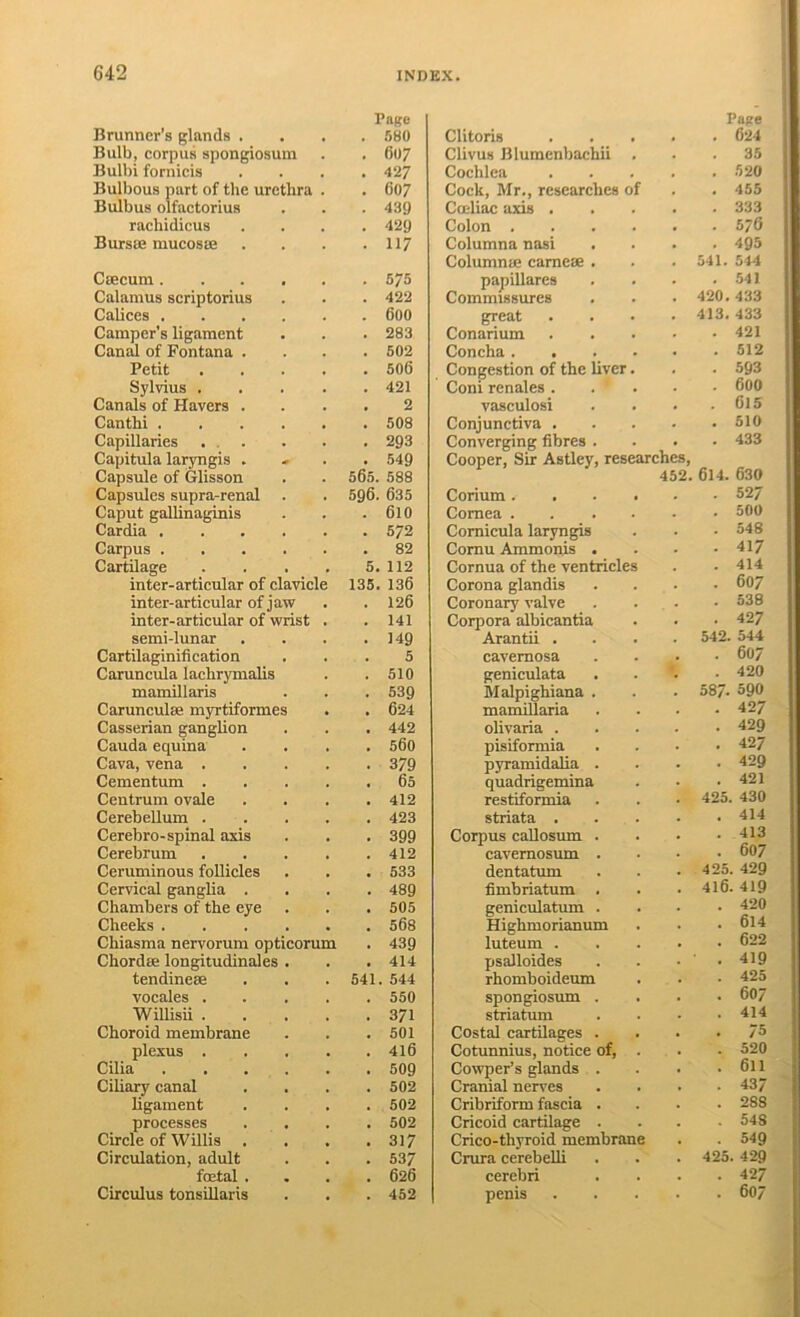 Brunner’s glands . Page . 580 Bulb, corpus spongiosum . 607 Bulbi fornicis . 427 Bulbous part of the urethra , 607 Bulbus olfactorius . 439 rachidicus . 429 Burste mucoste . 117 CiEcum .... . 575 Calamus scriptorius . 422 Calices .... . 600 Camper’s ligament . 283 Canal of Fontana . . 502 Petit . 506 Sylvius . . 421 Canals of Havers . . 2 Canthi .... . 508 Capillaries ... . 293 Capitula laryngis . . 549 Capsule of Glisson 565. 588 Capsules supra-renal 596. 635 Caput galhnaginis . 610 Cardia .... . 572 Carpus .... . 82 Cartilage 5. 112 inter-articular of clavicle 135. 136 inter-artieular of jaw . 126 inter-articular of wrist . 141 semi-lunar . 149 Cartilaginification . 5 Caruncula lachrymalis . 510 mamillaris . 539 Carunculse myrtiformes . 624 Casserian ganglion . 442 Cauda equina . 560 Cava, vena . . 379 Cementum . . 65 Centrum ovale . 412 Cerebellum . . 423 Cerebro-spinal axis . 399 Cerebrum . 412 Ceruminous follicles . 533 Cervical ganglia . . 489 Chambers of the eye . 505 Cheeks .... . 568 Chiasma nervorum opticorum . 439 Chordae longitudinales . . 414 tendinese 541. 544 vocales . . 550 Willisii . . 371 Choroid membrane . 501 plexus . . 416 Cilia .... . 509 Ciliary canal . 502 ligament . 502 processes . 502 Circle of Willis . . 317 Circulation, adult . 537 foetal . . 626 Circulus tonsillaris . 452 Pase Clitoris ..... 624 Clivus JUumenbachii ... 35 Cochlea 520 Cock, Mr., researches of . . 455 Coeliac axis 333 Colon ...... 5/6 Columna nasi .... 495 Columnaj camese . . .541. 544 papillares . . . .541 Commissures . . . 420.433 great .... 413.433 Conarium 421 Concha 512 Congestion of the liver. . . 593 Coni renales 600 vasculosi . . . .615 Conjunctiva 510 Converging fibres .... 433 Cooper, Sir Astley, researches, 452. 614. 630 Corium 527 Cornea 500 Comicula laryngis . . ■ 548 Cornu Ammonis . . ■ -417 Cornua of the ventricles . .414 Corona glandis .... 607 Coronary valve .... 538 Corpora albicantia . . • 427 Arantii .... 542. 544 cavernosa .... 607 geniculata .... 420 Malpighiana . . . 587- 590 mamiUaria .... 427 olivaria 429 pisiformia .... 427 pyramidalia .... 429 quadrigemina . • .421 restiformia . . • 425. 430 striata 414 Corpus callosum . . . .413 cavemosum .... 607 dentatum . . . 425. 429 fimbriatum . . • 4l6.419 geniculatum .... 420 Highmorianum . . .614 luteum 622 psalloides . . • ' .419 rhomboidemn . . • 425 spongiosum .... 607 striatum .... 414 Costal cartilages .... 75 Cotunnius, notice of, . . • 520 Cowper’s glands . . . .611 Cranial nerves .... 437 Cribriform fascia .... 288 Cricoid cartilage .... 548 Crico-thyroid membrane . . 549 Crura cerebelli . . . 425. 429 cerebri .... 427 penis 607