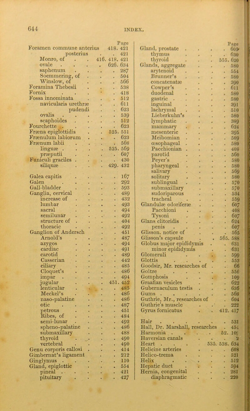 G44 Page Page Foramen commune antenus 418. 421 Gland, prostate . . 605r postenus . 421 thymus . 030 Monro, of 116. 418. 421 thyroid 555. G20 ovale . 626. 684 Glands, aggregate . 580 saphenum . 287 arytenoid . 554 Soemmering, of . 601 Brunner’s . 580 Winslow, of . 566 concatenatie . 390 Foramina Thebesii . 538 Cowper’s . 611 Fornix . 418 duodenal . 580 Fossa innominata . 512 gastric . . 580 navicularis urethrae . 611 inguinal . 391 pudendi . 623 lachrymal . 510 ovalis . 539 Lieberkuhn’s . 580 scaphoides . 512 l}'mphatic . 389 Fourchette .. . . 623 mammary . 024 Frsena epiglottidis . 525. 551 mesenteric . 395 Fraenulum labiorum , . . 623 Meibomian . . 509 Frsenum labii . 568 asophageal . . 580 linguae . . 525. 569 Pacchionian . . 408 praeputii . 607 parotid . 560 Funiculi graciles . . 430 Peyer's . 580 siliquae . 429. 432 pharyngeal . 580 salivary . 569 Galea capitis . 167 solitary . 580 Galen . 292 sublingual . 570 Gall-bladder . 593 submaxillary . 570 Ganglia, cervical . 489 sudoriparous . 534 increase of . 432 tracheal . 559 lumbar . . 493 Glandulse odoriferse . 607 sacral . 494 Pacchioni . 408 semilunar . 492 Tysoni . 607 structure of . . 404 Gians clitoridis . 624 thoracic . 492 penis . 607 Ganglion of Andersch . 451 Glisson. notice of . 565 Arnold’s . 487 Glisson’s capsule 565. 588 azygos . 494 Globus major epididymis . . 631 cardiac . 491 minor epididymis . 631 carotid . . 489 Glomeruli • 599 Gasserian . 442 Glottis . 553 ciliary . 485 Goodsir, Mr. researches of . 66 Cloquet’s . 486 Goitre . 556 impar . 494 Gomphosis . 109 jugular . 451.452 Graafian vesicles . 622 lenticular . 485 Gubernaculum testis . 636 Meckel’s . 486 Gums .... . 568 naso-palatine . . 486 Guthrie, Mr., researches of . 604 otic . 487 Guthrie’s muscle . 222 petrous . 451 Gyrus fomicatus 412. 417 Ribes, of . 484 semi-lunar . 492 Hair .... . 531 spheno-palatine . 486 Hall, Dr. Marshall, researches . 454 submaxUlary . 488 Harmonia . 62. 10! thyroid . 490 Haversian canals . 2 vertebral . 490 Heart ... 535. 538. 634 Genu corporis callosi . . 414 Helicine arteries . 608 Gimbemat’s ligament . 212 Helico-trema . 521 Ginglymus . . 110 Helix . 512 Gland, epiglottic . 554 Hepatic duct . 594 pineal . . 421 Hernia, congenital . 281 pituitary . 427 diaphragmatic . 220