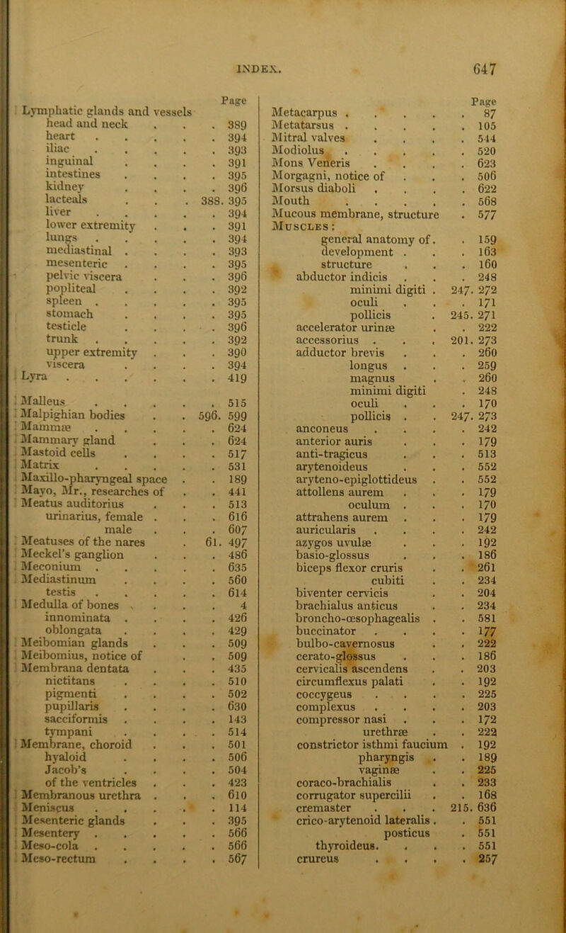 Page Lymphatic glands and vessels Metacarpus . . . Page . 87 head and neck . 389 Metatarsus .... . 105 heart . 394 Blitral valves . 544 iliac . 393 Modiolus. .... . 520 inguinal . 391 Slons Veneris . . . 623 intestines . 395 Morgagni, notice of Morsus diaboli . 506 kidney . 396 . 622 lacteals 388. 395 Mouth .... . 568 liver . 394 Mucous membrane, structure . 577 lower extremity . 391 Muscles ; lungs . 394 general anatomy of. . 159 mediastinal . . 393 development . . 163 mesenteric . 395 ^ structure . 160 pelvic viscera . 396 ^ abductor indicis . 248 popliteal . 392 minimi digit! . 247. 272 spleen . . 395 oculi . 171 stomach . 395 pollicis 245. 271 testicle . 396 accelerator urinsH . 222 trunk . 392 accessorius . . . 201. 273 upper extremity . 390 adductor brevis . 260 viscera . 394 longus . 259 Lyra . 419 magnus . 260 3Ialleus . 515 minimi digit! oculi . 248 . 170 Malpighian bodies 596. 599 pollicis . 247. 273 3Iammte . 624 anconeus . 242 JIammary gland . 624 anterior auris . 179 JIastoid cells . 517 anti-tragicus . 513 JIatrix . 531 arytenoideus . 552 3Iaxillo-pharyngeal space . 189 aryteno-epiglottideus . . 552 Mayo, 3Ir., researches of . 441 attollens aurem . 179 Jleatus auditorius . 513 oculum . . 170 urinarius, female . 616 attrahens aurem . 179 male . 607 auricularis . 242 Meatuses of the nares 61. 497 azygos uvulse . 192 3Ieckel’s ganglion . 486 basio-glossus . 186 Jleconium . 635 biceps flexor cruris . 261 Jlediastinum . 560 cubiti . 234 testis . 614 biventer cervicis . 204 3Iedulla of bones ^ 4 brachialus anticus . 234 innominata . . 426 broncho-oesophagealis . . 581 oblongata . 429 buccinator • 177 Jleibomian glands . 509 bulbo-ca^emosus . 222 Meibomius, notice of . 509 cerato-glossus . 186 Jlembrana dentata . 435 cervicalis'ascendens . 203 nictitans . 510 circumflexus palati . 192 pigment! . 502 coccygeus . 225 pupillaris . 630 complexus . 203 saccifonnis . 143 compressor nasi . 172 tympani . 514 urethrae . 22a Membrane, choroid . 501 constrictor isthmi faucium . 192 hyaloid . 506 pharyngis . 189 Jacob’s . 504 vaginae . 225 of the ventricles . 423 coraco-brachialis . 233 Jlembranous urethra . 610 corrugator supercilii . 168 Jleniscus . 114 cremaster 215. 636 Mesenteric glands . 395 crico-arytenoid lateralis. . 551 Mesentery . . 566 posticus . 551 Meso-cola . 566 thyroideus. . 551 Jleso-rectum . 567 crureus . 257