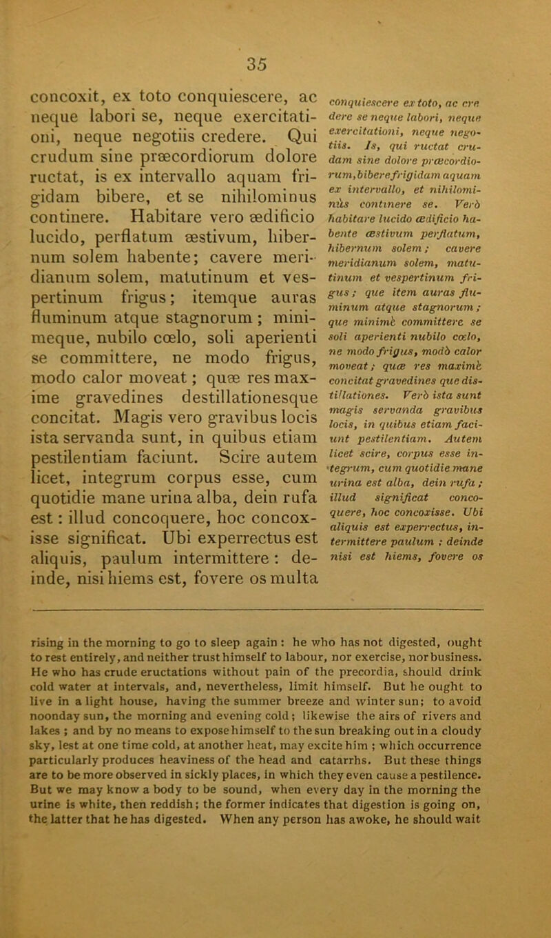 concoxit, ex toto conquiescere, ac neque labori se, neque exercitati- oni, neque negotiis credere. Qui crudum sine prcecordiorum dolore ructat, is ex intervallo aquam fri- gidam bibere, et se nihilominus continere. Habitare vero sedificio lucido, perflatum sestivum, hiber- num solem habente; cavere meri- dianum solem, matutinum et ves- pertinum frigus; itemque auras fluminum atque stagnorum ; mini- meque, nubilo coelo, soli aperienti se committere, ne modo frigus, modo calor moveat; quae res max- ime gravedines destillationesque concitat. Magis vero gravibus locis ista servanda sunt, in quibus etiam pestilentiam faciunt. Scire autem licet, integrum corpus esse, cum quotidie mane urina alba, dein rufa est: illud concoquere, hoc concox- isse significat. Ubi experrectus est aliquis, paulum intermittere: de- inde, nisi hiems est, fovere os multa conquiescere ex toto, ne crn dere se neque labori, neque exercitationi, neque nego- tiis. Js, qui ructat cru- dam sine dolore prcecordio- rum, bibere frigidam aquam ex intervallo, et nihilomi- nus continere se. Verb habitare lucido cedificio ha- bente cestivum perflatum, hibernum solem; cavere meridianum solem, matu- tinum et vespertinum fri- gus ; que item auras flu- minum atque stagnorum ; que minimb committere se soli aperienti nubilo coelo, ne modo frigus, modb calor moveat; quee res maximi concitat gravedines que dis- tillationes. Verb ista sunt magis servanda gravibus locis, in quibus etiam faci- unt pestilentiam. Autem licet scire, corpus esse in- tegrum, cum quotidie mane urina est alba, dein rufa ; illud significat conco- quere, hoc concoxisse. Ubi aliquis est experrectus, in- termittere paulum ; deinde nisi est hiems, fovere os rising in the morning to go to sleep again : he who has not digested, ought to rest entirely, andneither trusthimself to labour, nor exercise, norbusiness. He who has crude eructations without pain of the precordia, should drink cold water at intervals, and, nevertheless, limit himself. But he ought to live in a light house, having the suraraer breeze and wintersun; to avoid noonday sun, the morning and evening cold; likewise the airs of rivers and lakes ; and by no means to exposeliimself to the sun breaking out in a cloudy sky, lest at one time cold, at another heat, may excite him ; which occurrence particularly produces heaviness of the head and catarrhs. But these things are to be more observed in sickly places, in which they even cause a pestilence. But we may know a body to be sound, when every day in the morning the urine is white, then reddish; the former indicates that digestion is going on, the latter that he has digested. When any person has awoke, he should wait