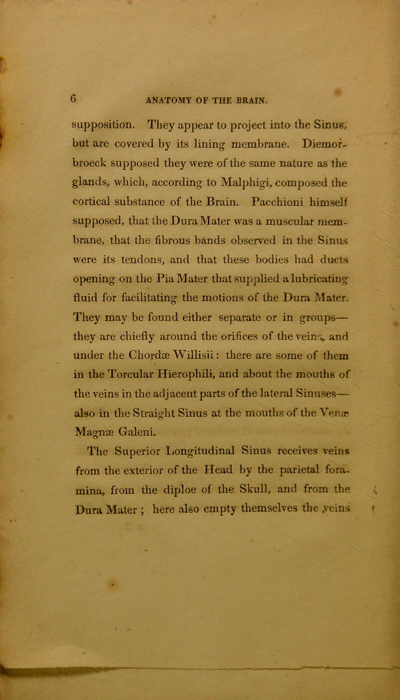 supposition. They appear to project into the Sinus, but are covered by its lining membrane. Diemor- broeck supposed they were of the same nature as the glands, which, according to Malphigi, composed the cortical substance of the Brain. Pacchioni himself supposed, that the Dura Mater was a muscular mem- brane, that the fibrous bands observed in the Sinus were its tendons, and that these bodies had ducts opening on the Pia Mater that supplied a lubricating fluid for facilitating the motions of the Dura Mater. They may be found either separate or in groups— they are chiefly around the orifices of the veinr,, and under the Chordae Willisii: there are some of them in the Torcular Hierophili, and about the mouths of the veins in the adjacent parts of the lateral Sinuses— also in the Straight Sinus at the mouths of the Venae Magnae Galeni. The Superior Longitudinal Sinus receives veins from the exterior of the Head by the parietal fora- mina, from the cliploe of the Skull, and from the Dura Mater ; here also empty themselves the .veins