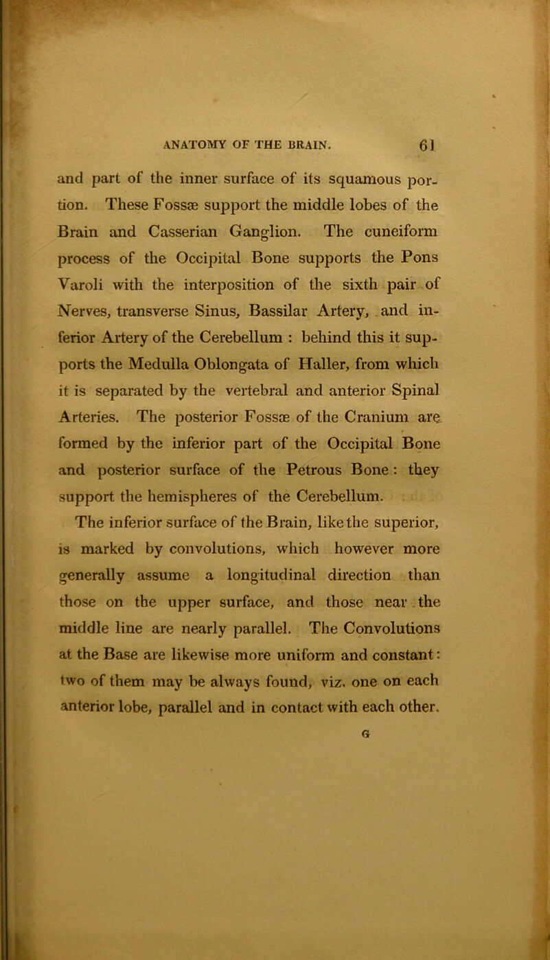 and part of the inner surface of its squamous por- tion. These Fossae support the middle lobes of the Brain and Casserian Ganglion. The cuneiform process of the Occipital Bone supports the Pons Varoli with the interposition of the sixth pair of Nerves, transverse Sinus, Bassilar Artery, and in- ferior Artery of the Cerebellum : behind this it sup- ports the Medulla Oblongata of Haller, from which it is separated by the vertebral and anterior Spinal Arteries. The posterior Fossae of the Cranium are formed by the inferior part of the Occipital Bone and posterior surface of the Petrous Bone : they support the hemispheres of the Cerebellum. The inferior surface of the Brain, like the superior, is marked by convolutions, which however more generally assume a longitudinal direction than those on the upper surface, and those near the middle line are nearly parallel. The Convolutions at the Base are likewise more uniform and constant: two of them may be always found, viz. one on each anterior lobe, parallel and in contact with each other. <3