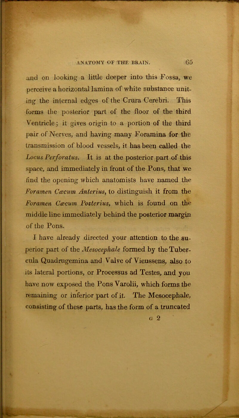 and on looking a little deeper into this Fossa, we perceive a horizontal lamina of white substance unit- ing the internal edges of the Crura Cerebri. This forms the posterior part of the floor of the third Ventricle; it gives origin to a portion of the third pair of Nerves, and having many Foramina for the transmission of blood vessels, it has been called the Locus Perforatus. It is at the posterior part of this space, and immediately in front of the Pons, that we find the opening which anatomists have named the Foramen Ccecum Anterius, to distinguish it from the Foramen Ccecum Posterius, which is found on the middle line immediately behind the posterior margin of the Pons. I have already directed your attention to the su- perior part of the Mesocephale formed by theTuber- cula Quadrugemina and Valve of Vieussens, also to its lateral portions, or Processus ad Testes, and you have now exposed the Pons Varolii, which forms the 9 remaining or inferior part of it. The Mesocephale, consisting of these parts, has the form of a truncated g 2