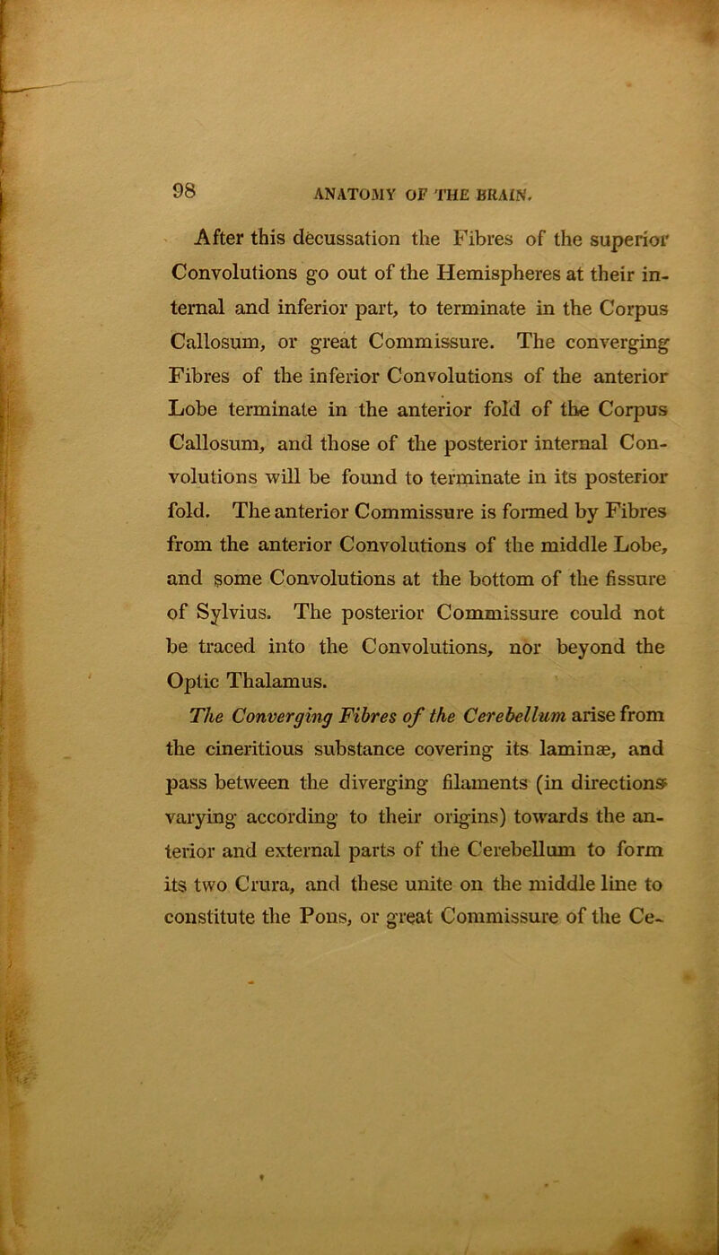 After this decussation the Fibres of the superior Convolutions go out of the Hemispheres at their in- ternal and inferior part, to terminate in the Corpus Callosum, or great Commissure. The converging Fibres of the inferior Convolutions of the anterior Lobe terminate in the anterior fold of the Corpus Callosum, and those of the posterior internal Con- volutions will be found to terminate in its posterior fold. The anterior Commissure is formed by Fibres from the anterior Convolutions of the middle Lobe, and some Convolutions at the bottom of the fissure of Sylvius. The posterior Commissure could not be traced into the Convolutions, nor beyond the Optic Thalamus. The Converging Fibres of the Cerebellum arise from the cineritious substance covering its laminae, and pass between the diverging filaments (in directions varying according to their origins) towards the an- terior and external parts of the Cerebellum to form its two Crura, and these unite on the middle line to constitute the Pons, or great Commissure of the Ce-