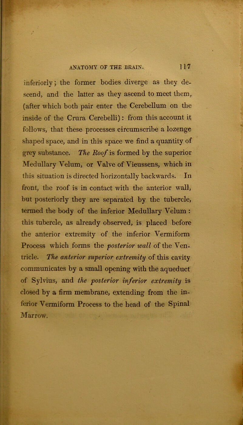 inferiorly; the former bodies diverge as they de- scend, and the latter as they ascend to meet them, (after which both pair enter the Cerebellum on the inside of the Crura Cerebelli): from this account it follows, that these processes circumscribe a lozenge shaped space, and in this space we find a quantity of grey substance. The Roof is formed by the superior Medullary Velum, or Valve of Vieussens, which in this situation is directed horizontally backwards. In front, the roof is in contact with the anterior wall, but posteriorly they are separated by the tubercle, termed the body of the inferior Medullary Velum : this tubercle, as already observed, is placed before the anterior extremity of the inferior Vermiform Process which forms the posterior wall of the Ven- tricle. The anterior superior extremity of this cavity communicates by a small opening with the aqueduct of Sylvius, and the posterior inferior extremity is closed by a firm membrane, extending from the in- ferior Vermiform Process to the head of the Spinal Marrow.