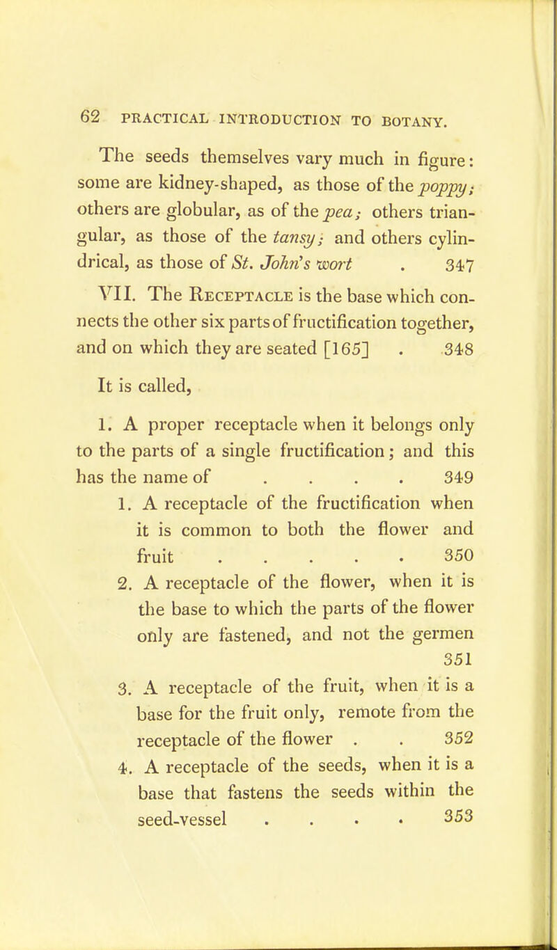 The seeds themselves vary much in figure: some are kidney-shaped, as those of the poppy: others are globular, as of the^ra,- others trian- gular, as those of the tansy; and others cylin- drical, as those of St. John's wort . 347 VII. The Receptacle is the base which con- nects the other six parts of fructification together, and on which they are seated [165] . 348 It is called, 1. A proper receptacle when it belongs only to the parts of a single fructification; and this has the name of .... 349 1. A receptacle of the fructification when it is common to both the flower and fruit 350 2. A receptacle of the flower, when it is the base to which the parts of the flower only are fastened, and not the germen 351 3. A receptacle of the fruit, when it is a base for the fruit only, remote from the receptacle of the flower . . 352 4. A receptacle of the seeds, when it is a base that fastens the seeds within the seed-vessel .... 353