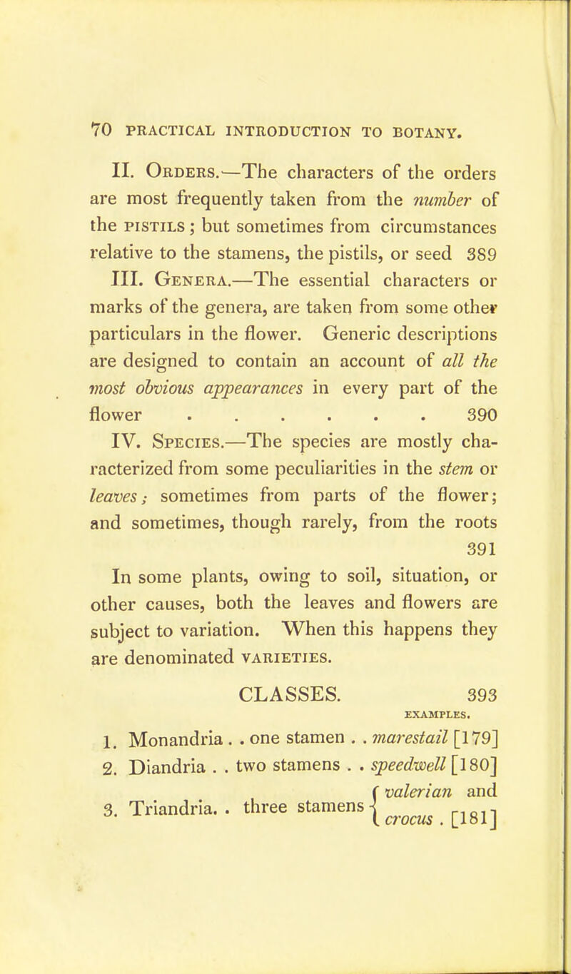 II. Orders.—The characters of the orders are most frequently taken from the number of the pistils ; but sometimes from circumstances relative to the stamens, the pistils, or seed 389 III. Genera.—The essential characters or marks of the genera, are taken from some other particulars in the flower. Generic descriptions are designed to contain an account of all the most obvious appearances in every part of the flower 390 IV. Species.—The species are mostly cha- racterized from some peculiarities in the stem or leaves; sometimes from parts of the flower; and sometimes, though rarely, from the roots 391 In some plants, owing to soil, situation, or other causes, both the leaves and flowers are subject to variation. When this happens they are denominated varieties. CLASSES. 393 EXAMPLES. 1. Monandria . . one stamen . . marestail [179] 2. Diandria . . two stamens . . speedwell [180] ( valerian and 3. Triandria.. three stamens [lgl]