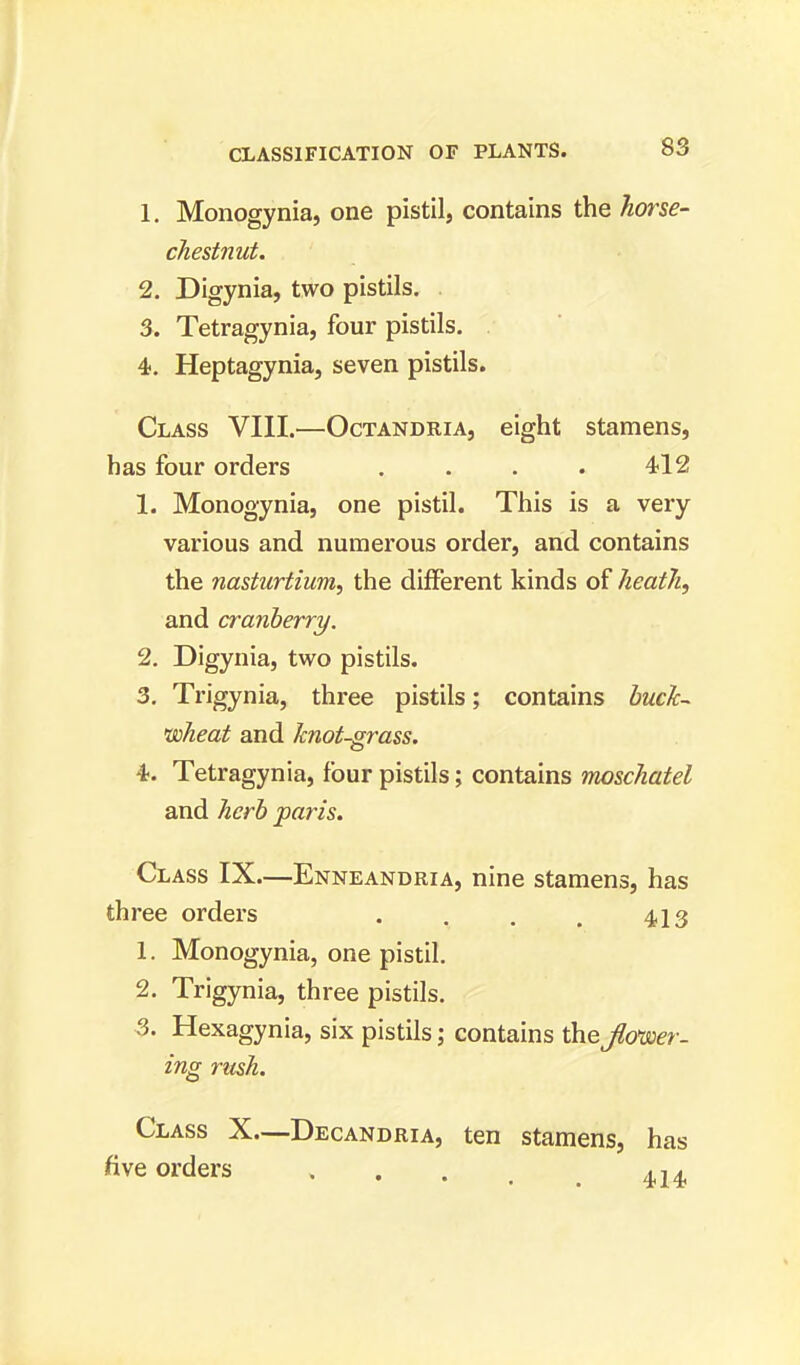 1. Monogynia, one pistil, contains the horse- chestnut. 2. Digynia, two pistils. 3. Tetragynia, four pistils. 4. Heptagynia, seven pistils. Class VIII.—Octandria, eight stamens, 1. Monogynia, one pistil. This is a very various and numerous order, and contains the nasturtium, the different kinds of heath, and cranberry. 2. Digynia, two pistils. 3. Trigynia, three pistils; contains buck- wheat and knot-grass. 4. Tetragynia, four pistils; contains moschatel and herb paris. Class IX.—Enneandria, nine stamens, has 1. Monogynia, one pistil. 2. Trigynia, three pistils. 3. Hexagynia, six pistils; contains the lower- ing rush. Class X—Decandria, ten stamens, has has four orders 412 three orders 413 five orders 414