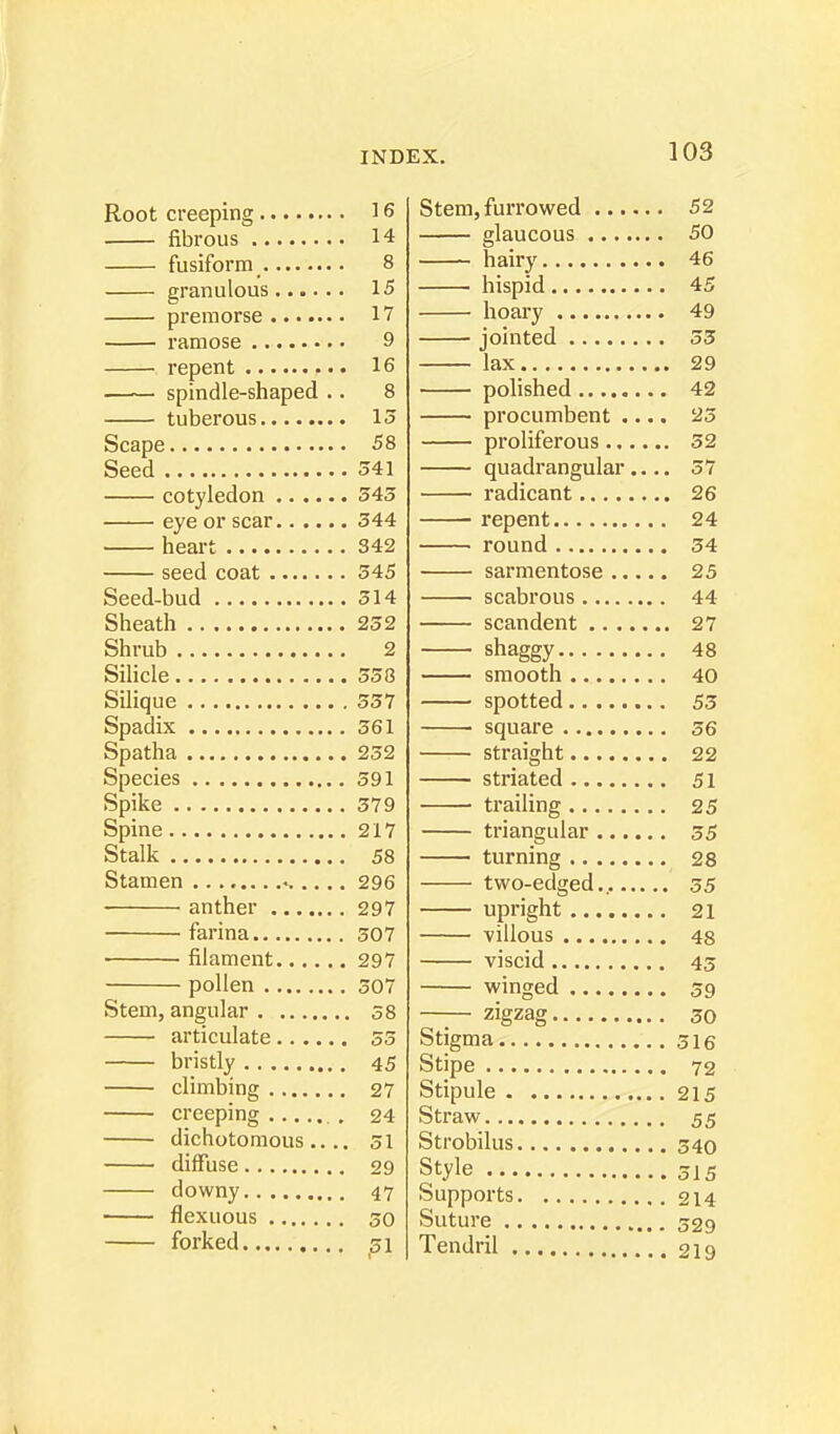 Root creeping 16 fibrous 14 fusiform 8 granulous 15 premorse 17 ramose 9 repent 16 spindle-shaped .. 8 tuberous 13 Scape 58 Seed 341 cotyledon 343 eye or scar 344 heart 342 seed coat 345 Seed-bud 314 Sheath 252 Shrub 2 Silicle 538 Silique 537 Spadix 361 Spatha 232 Species 391 Spike 379 Spine 217 Stalk 58 Stamen 296 anther 297 farina 507 filament 297 pollen 507 Stem, angular 58 articulate 55 bristly 45 climbing 27 creeping . 24 dichotomous .... 51 diffuse 29 downy 47 flexuous 50 forked 51 Stem, furrowed 52 glaucous 50 hairy 46 . hispid 45 hoary 49 jointed 53 lax 29 polished 42 procumbent .... 25 proliferous 52 quadrangular.... 57 radicant 26 repent 24 round 34 sarmentose 25 scabrous 44 scandent 27 shaggy 48 smooth 40 spotted 53 square 56 straight 22 striated 51 trailing 25 triangular 55 turning 28 two-edged... 55 upright 21 villous 48 viscid 43 winged 59 zigzag 50 Stigma .. 516 Stipe 72 Stipule 215 Straw 55 Strobilus 540 Style 5i5 Supports 214 Suture 529 Tendril 219