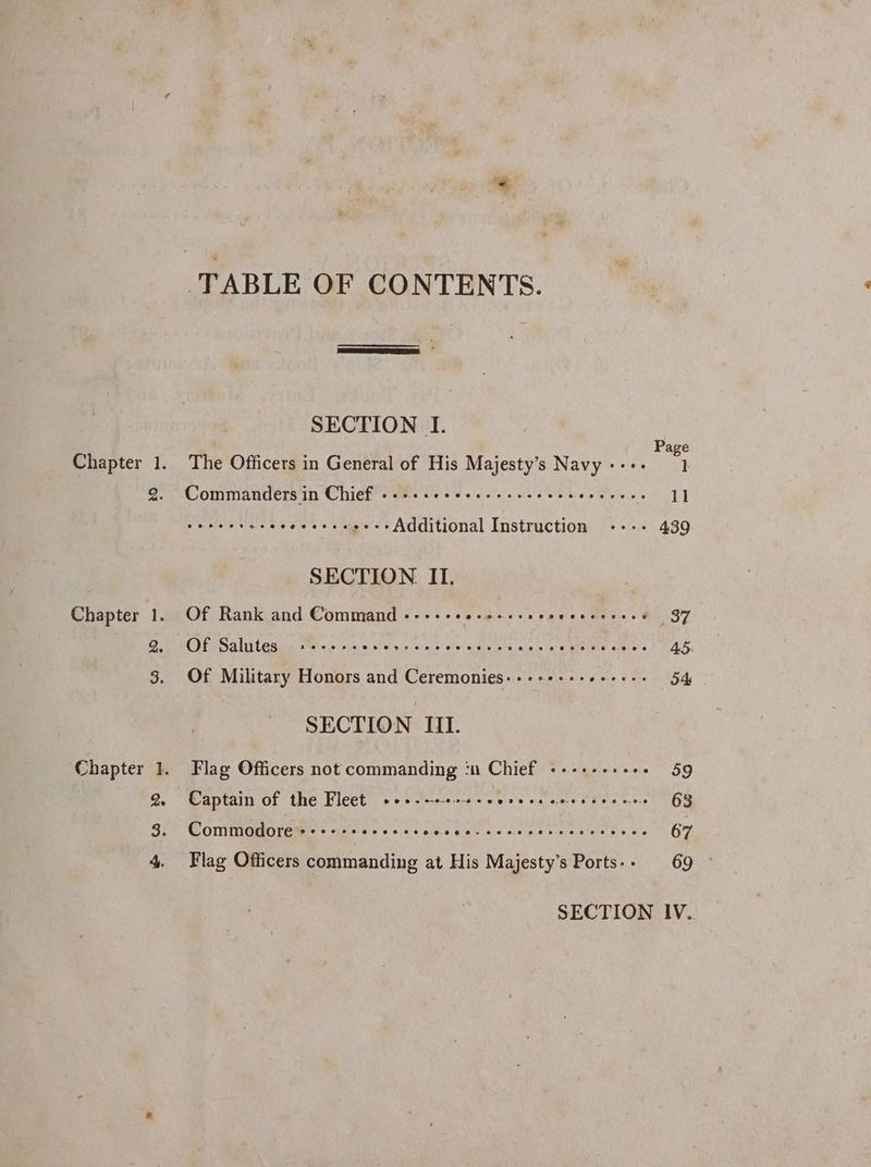 Chapter 1. Qe 3. 4. ie TABLE OF CONTENTS. ee SECTION I. Page Commanders in Chief ss. .0cee..esnecceeeeees 11 career aves e+e+eeee-- Additional Instruction - 439 SECTION II. Ue Rankiand Command cess: ye aL ee oe 37 ODE Sales bees aie a vove: 0,0! sina miley Siecendrele dc niece eRe SITE R cos 45. Of Military Honors and Ceremonies: --+-++-+-- core 54s SECTION III. Flag Officers not commanding ‘n Chief -------- 59 Captain of the Fleet +++.---+ obs ee 90 0:46 ek tie = PM oh Commander oes sleecs Se ae ee en cares 67 Flag Officers commanding at His Majesty’s Ports: -