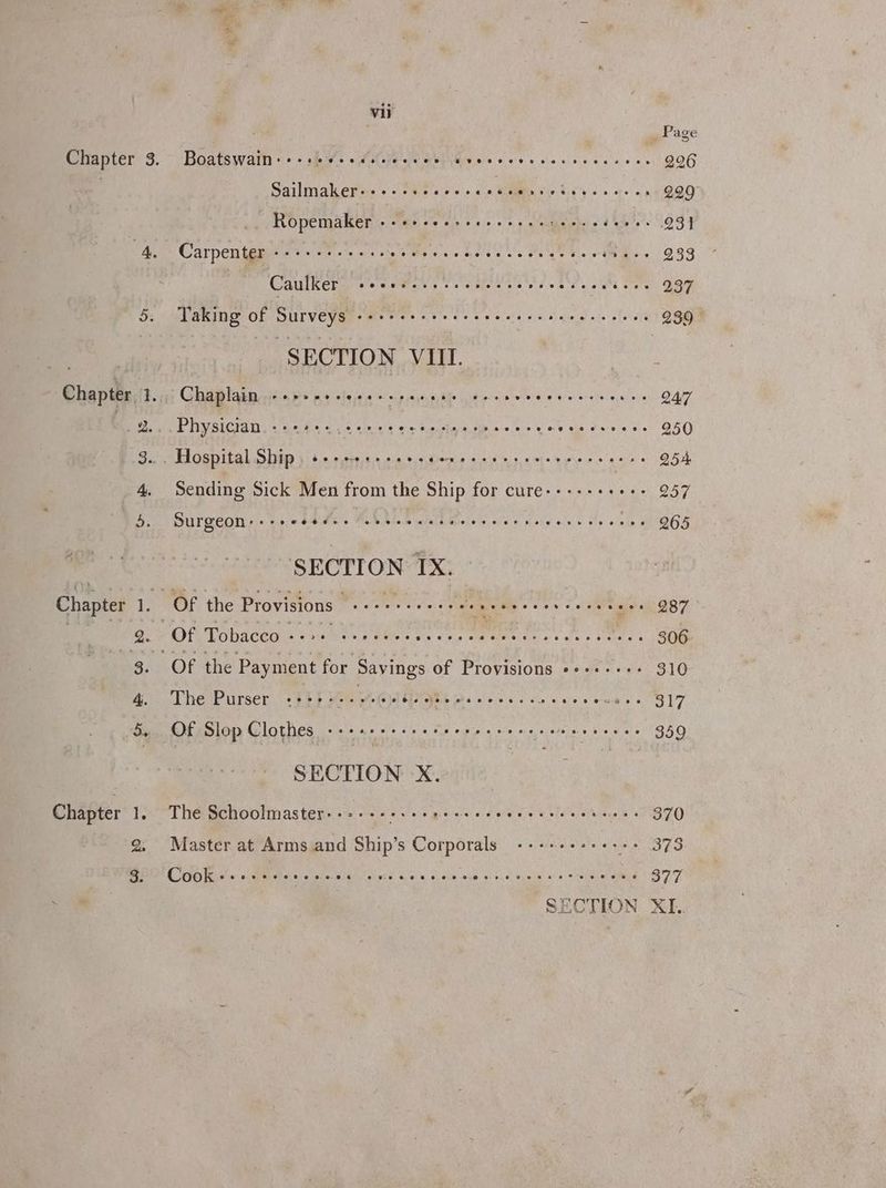 vii _ Page Boatswain:++.. Se oft hetae ore Bierehe elit oie ole ah tre cietaie isi 296 Sailmaker-++-ssseee- SoM Girt ( y's «ope ms 299 Ropemaker --++-+e+sseseeeee tieele «baie es OGY Carpenter sae e ewes ave eccre aces vereersscitaces 933 | Caulker seers esses eee e cere cece ceeees 237 Taking of Rue I a oS hat ace otevgtt 239 — SECTION VIII. Chaplain --+>- Se 247 Physician eveiat ied ie eivte’¢’ che Suesiaj, sib ace /s) >: o- did Oba tes 950 Hospital Ship. +--++++-+++. EEG AE ee SR AER O54. Sending Sick Men from the Ship for CUre++++++eee- O57 Surgeon ea ole a BU ies Me Riedaie satel h Richelle) ober. Mabel oie) cafe! ofoke -s 265 SECTI oe ‘pif TOF the Provisions Bem ese es Gis é os: ois ante «2+ 987 VEE Pobdccoin bo ke ke ge clilbaa. eee se Ms. 306 OF the Payment for Savings of Provisions «+++---- 310 The Purser -33} ¥- DAHON 0h is ey ls aks ade oe Guat 2a 17 Of Slop Clothes START ME Oe Meet NS stones 359 SECTION X. The Schoolmaster-->--- teens Nal Sha Ree for ee toveie eaeke kes 370 Master at Arms and Ship’s se stew ences ++ 373 (OO eile: custo telereisresinistisie HOU ROR CRY MORTON? ONG et. B77. SECTION. XI..